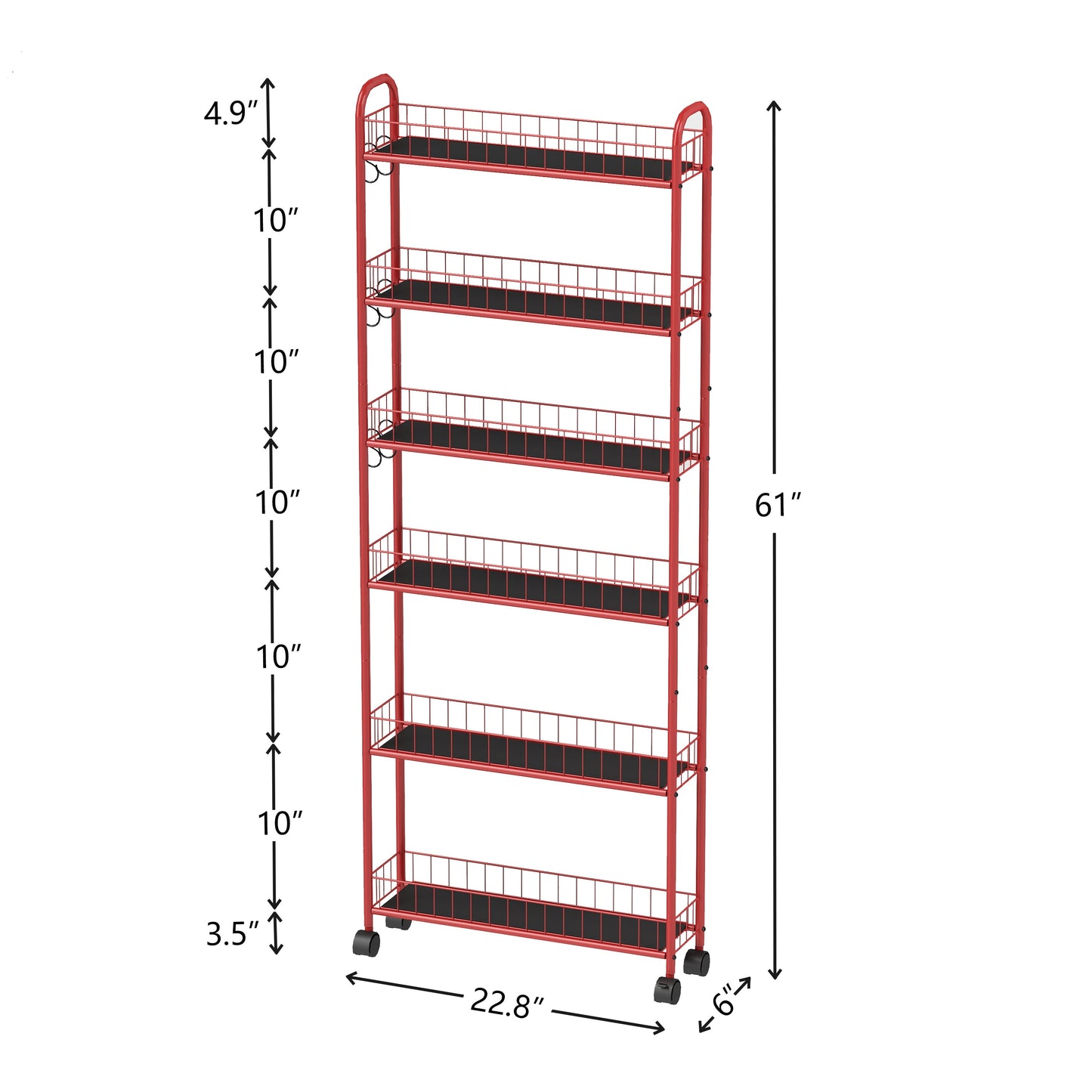 Red 6-story rolling cart gap kitchen ultra-thin sliding out storage tower shelf with wheels, 6 baskets - Korvel