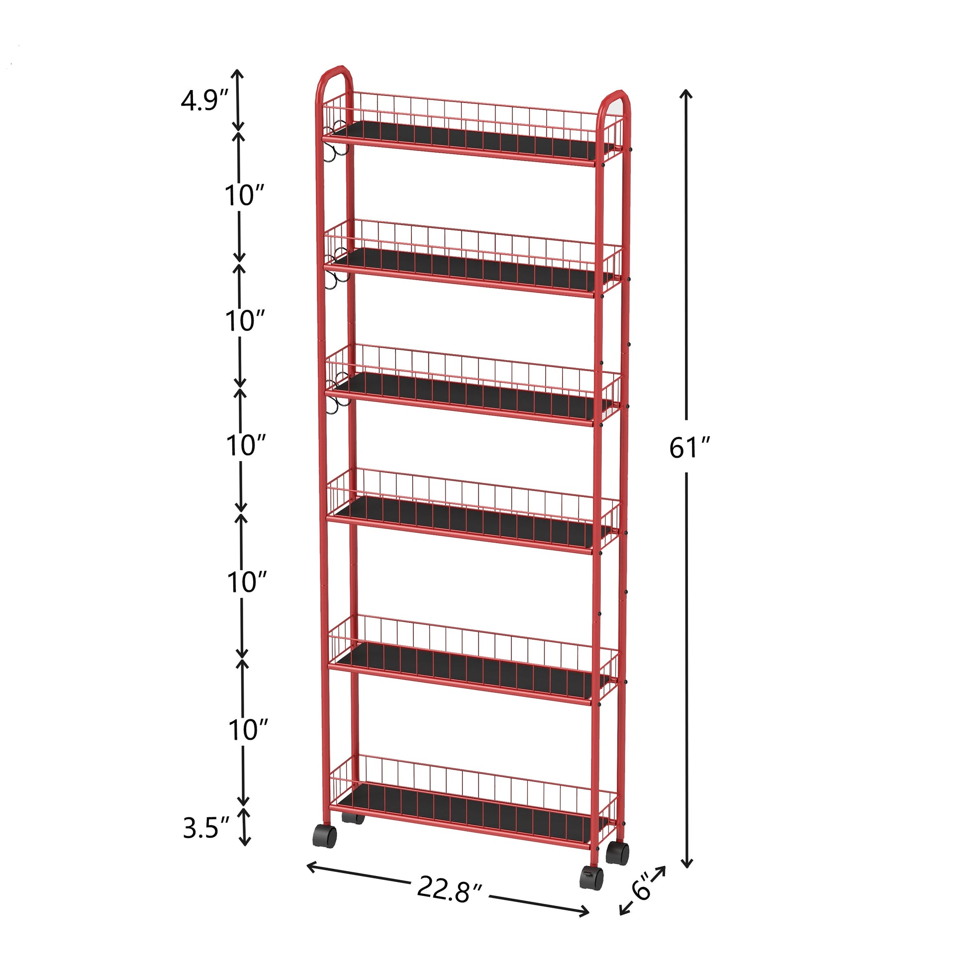 Red 6-story rolling cart gap kitchen ultra-thin sliding out storage tower shelf with wheels, 6 baskets - Korvel