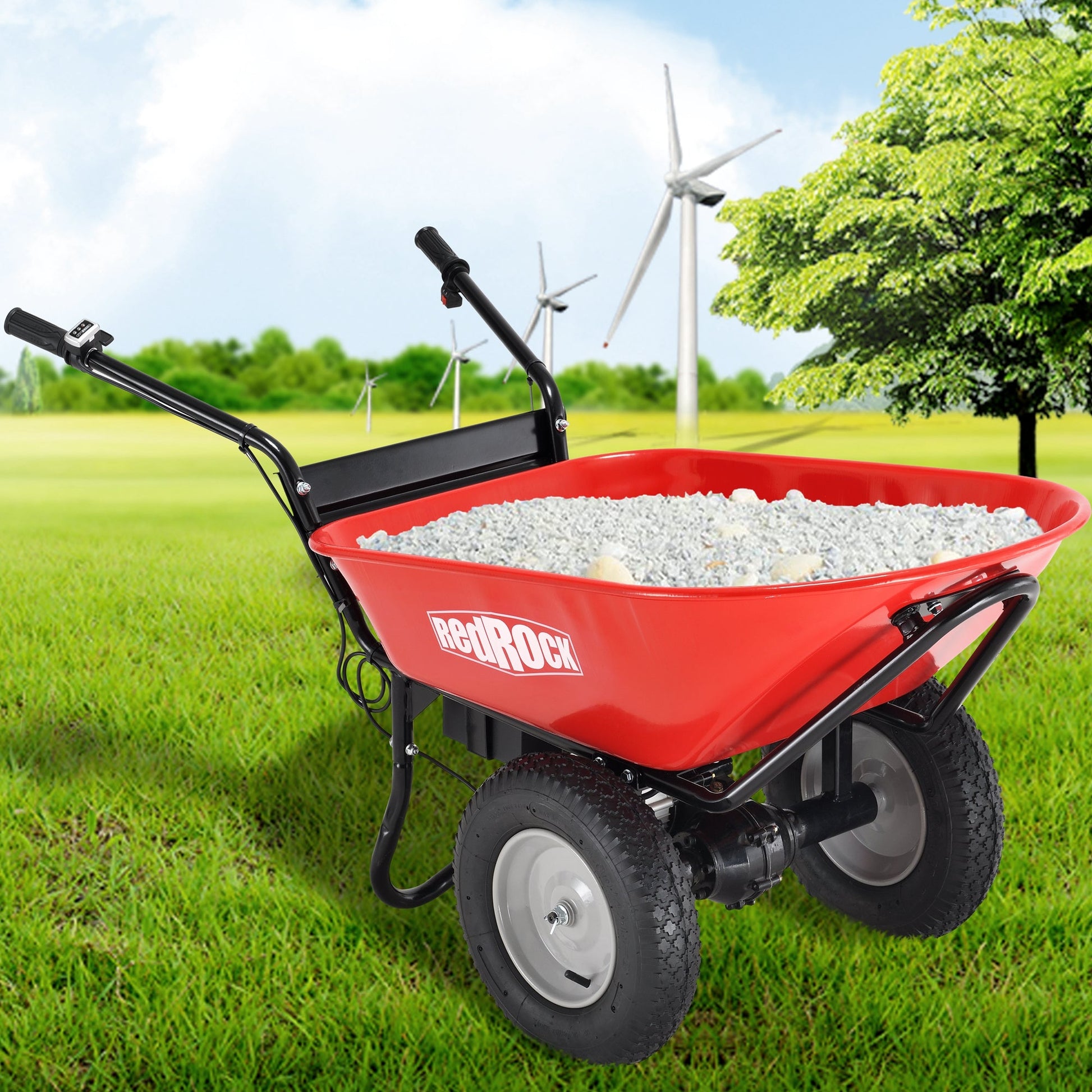 Red Rock Wheelbarrow Utility Cart Electric Powered AGM Battery 330lbs (150kgs) Max Capacity Barrel Dump Material Debris Hauler - Korvel
