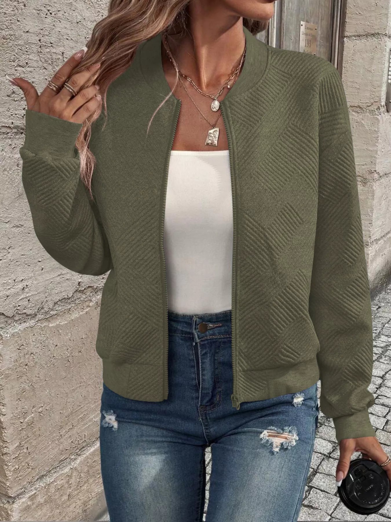 Veste Bomber à Fermeture Éclair Texturée
