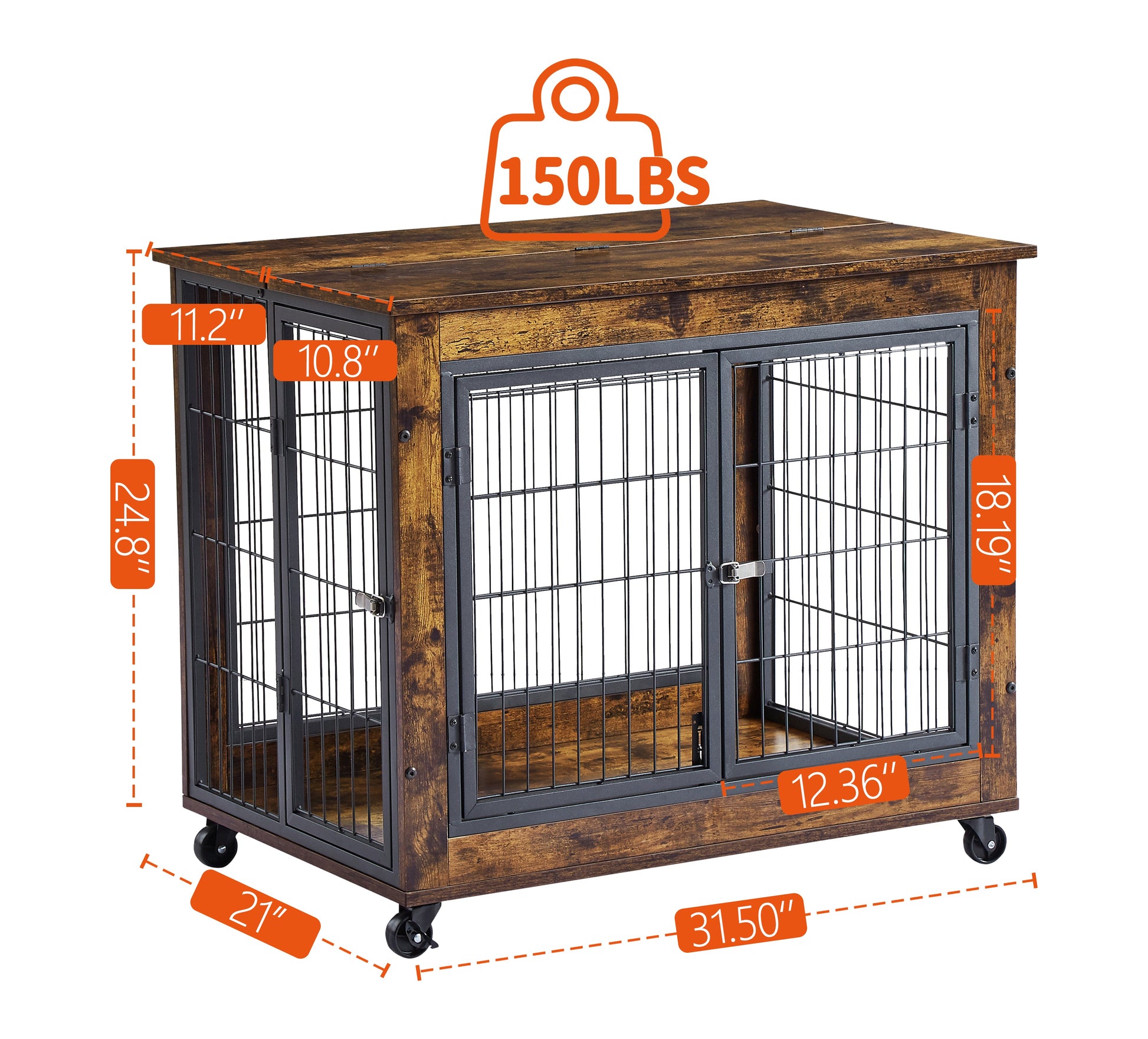Furniture Style Dog Crate Side Table on Wheels with Double Doors and Lift Top. Rustic Brown, 31.50'' W x 22.05'' D x 25'' H. - Korvel