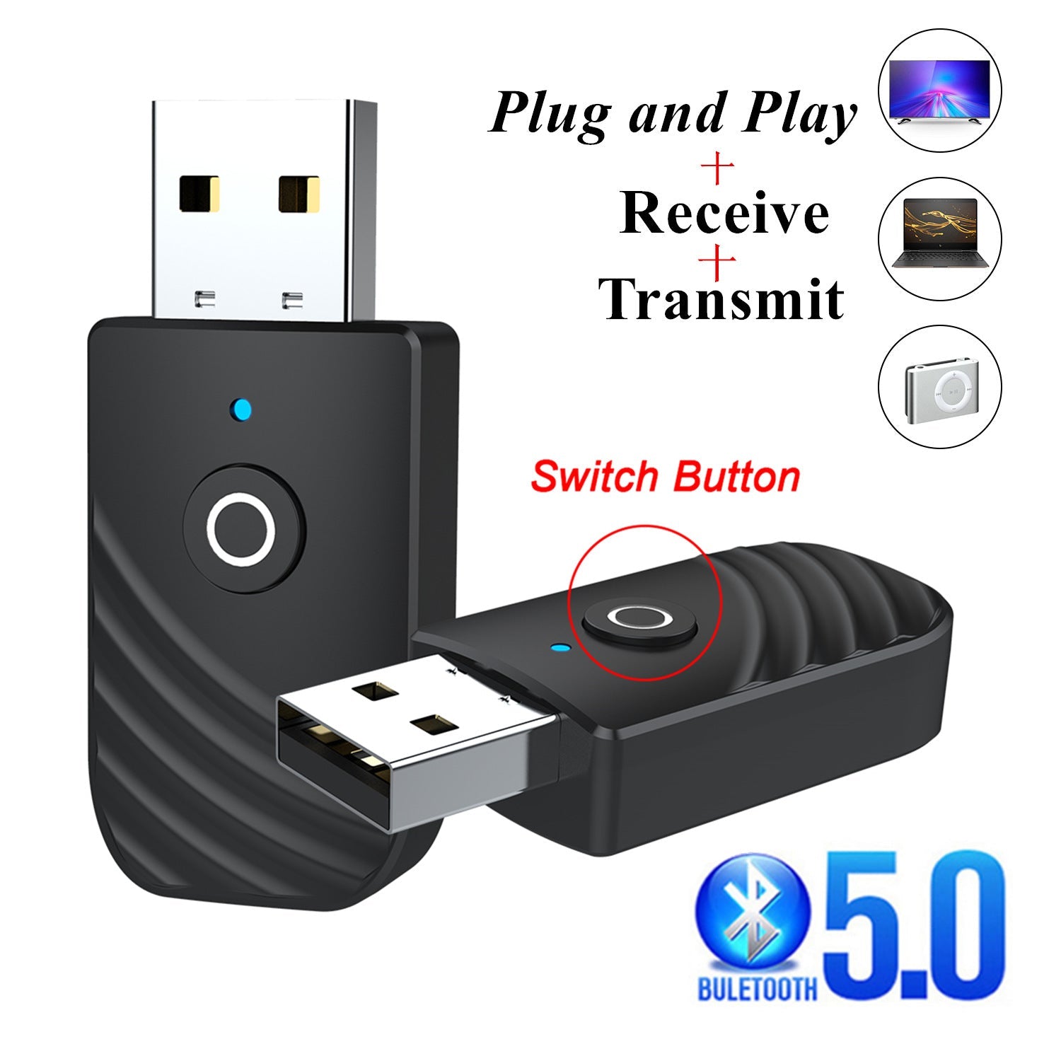 3 in 1 Bluetooth 5.0 Adapter Car Computer TV AUX Audio Bluetooth Speaker Receiver Transmitter Adapter - Korvel