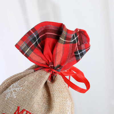 Christmas gift bag, letter printed Santa Claus home decoration, plaid linen red wine set - Korvel