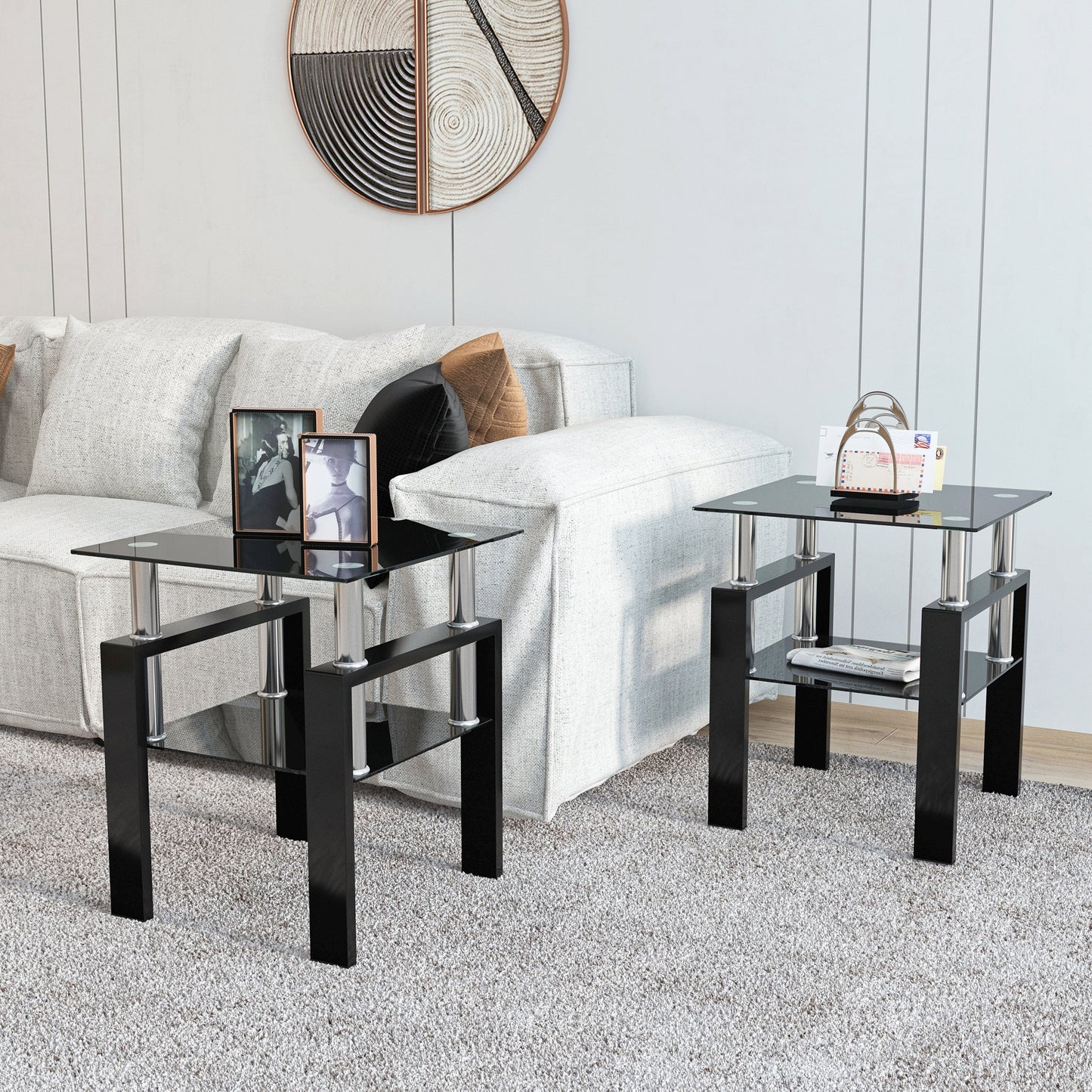 Set of 2, Modern Tempered Glass Tea Table Coffee Table End Table, Square Table for Living Room, Black - Korvel