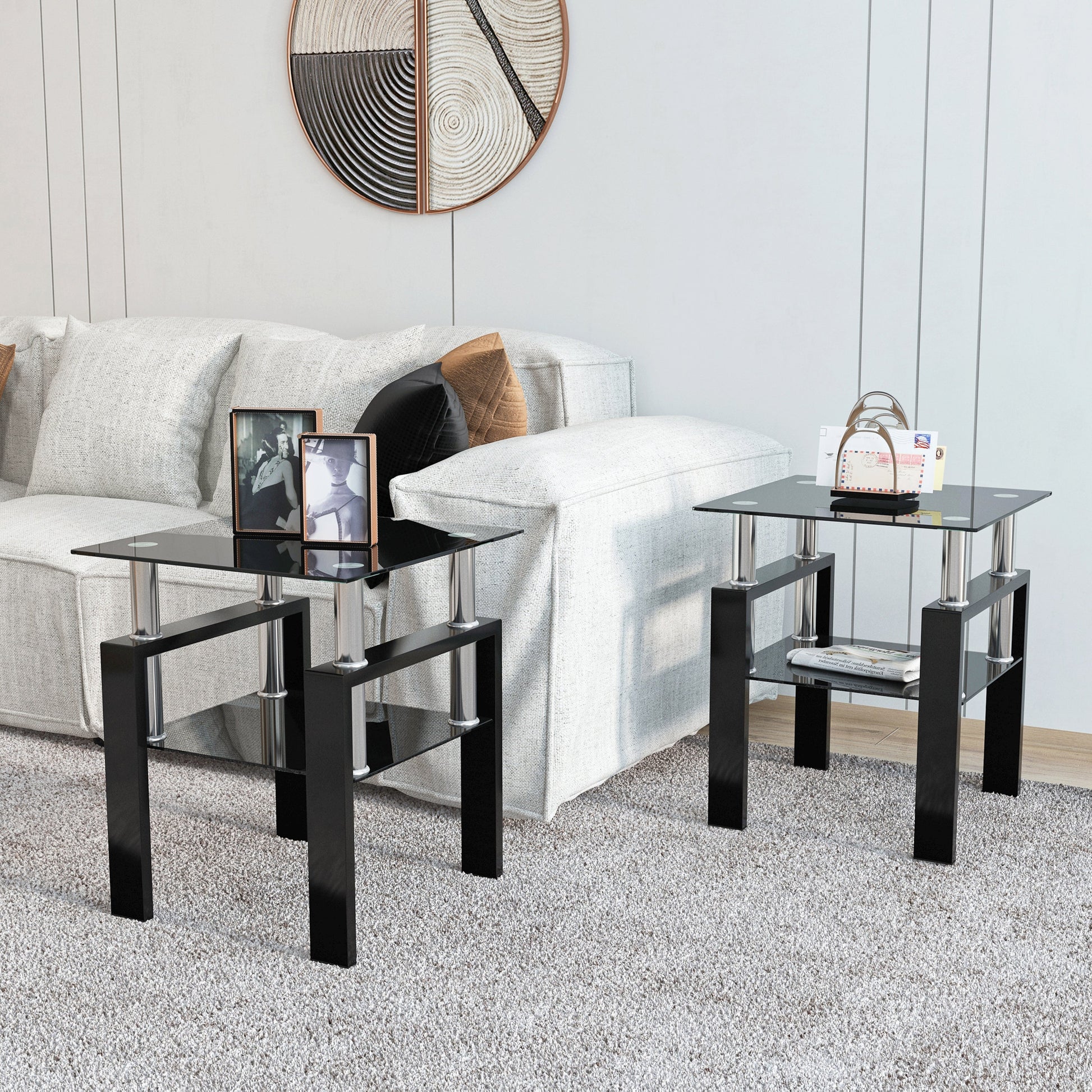 Set of 2, Modern Tempered Glass Tea Table Coffee Table End Table, Square Table for Living Room, Black - Korvel