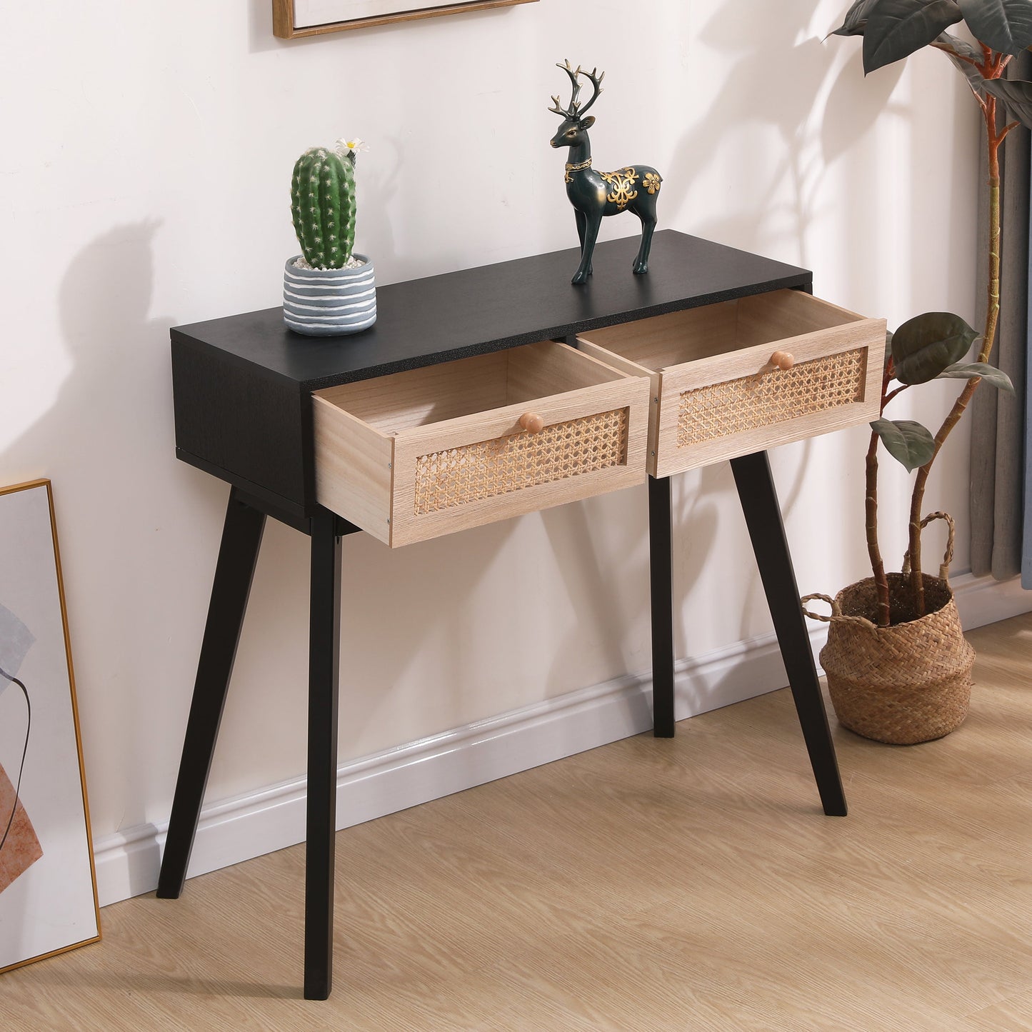 Side table with two real rattan drawers, solid wood table legs,can be used in the dining room, living room,bedroom - Korvel