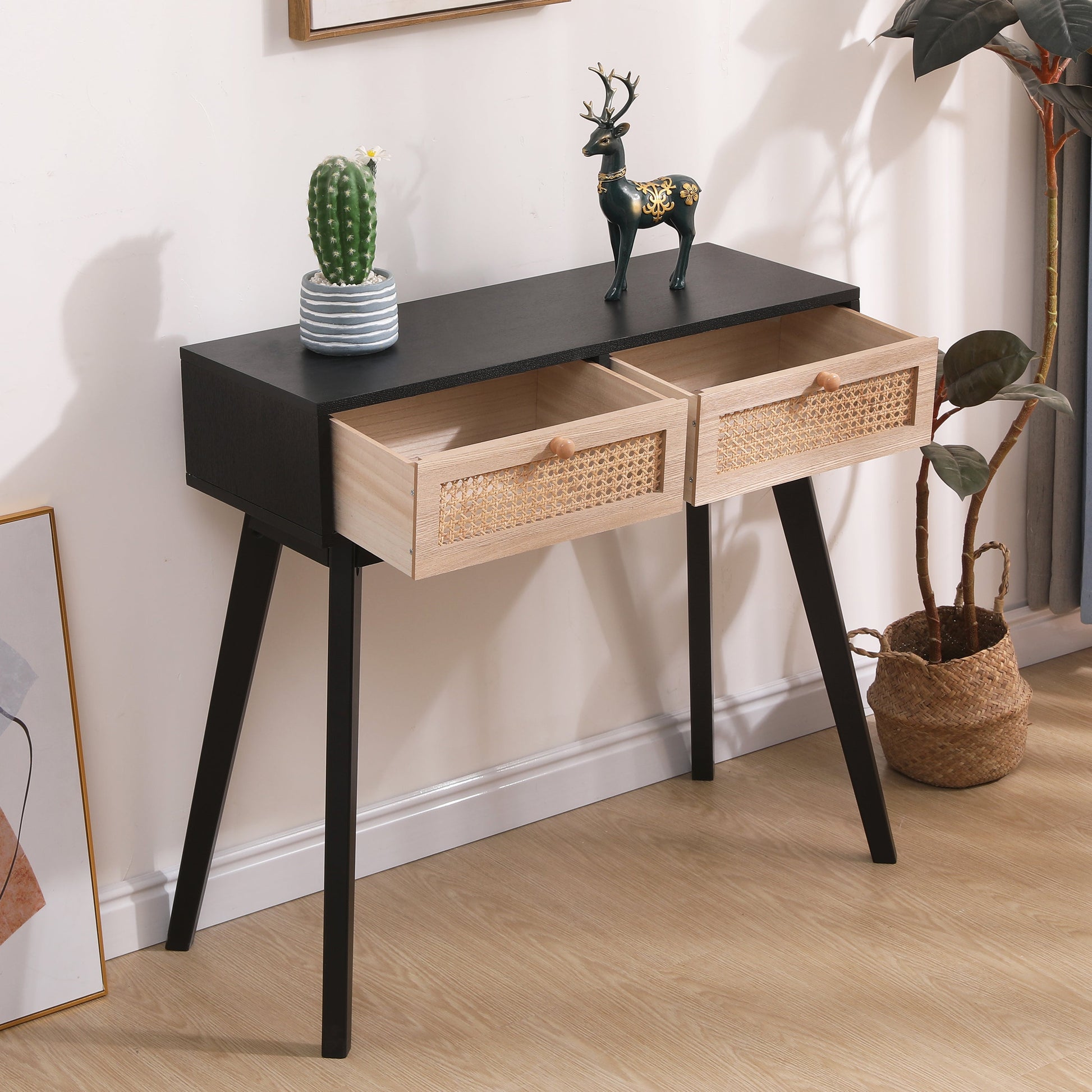 Side table with two real rattan drawers, solid wood table legs,can be used in the dining room, living room,bedroom - Korvel
