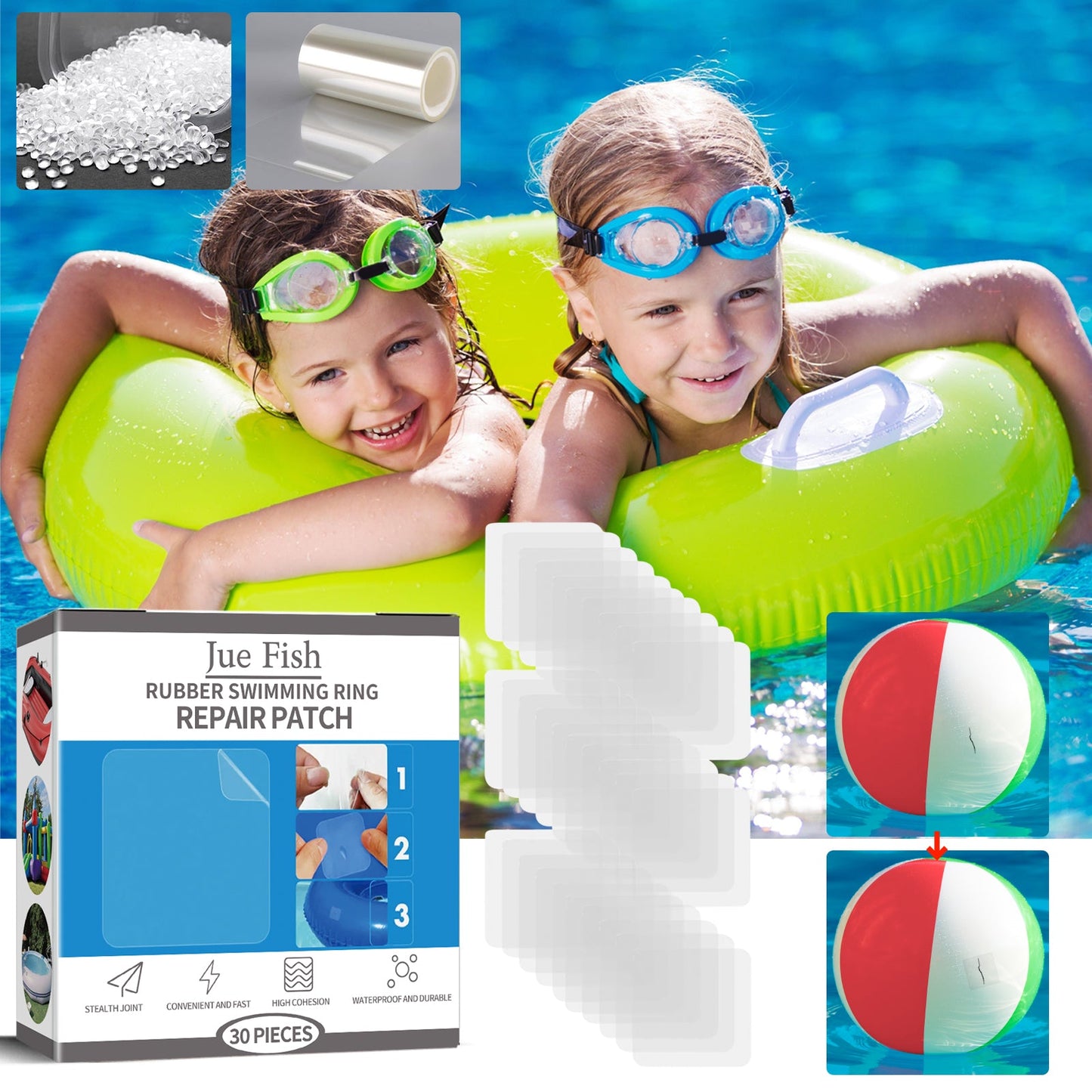 JUE FISH Rubber Swimming Ring Repair Patch, Swim Ring Patch Self-Adhesive Seal - Korvel