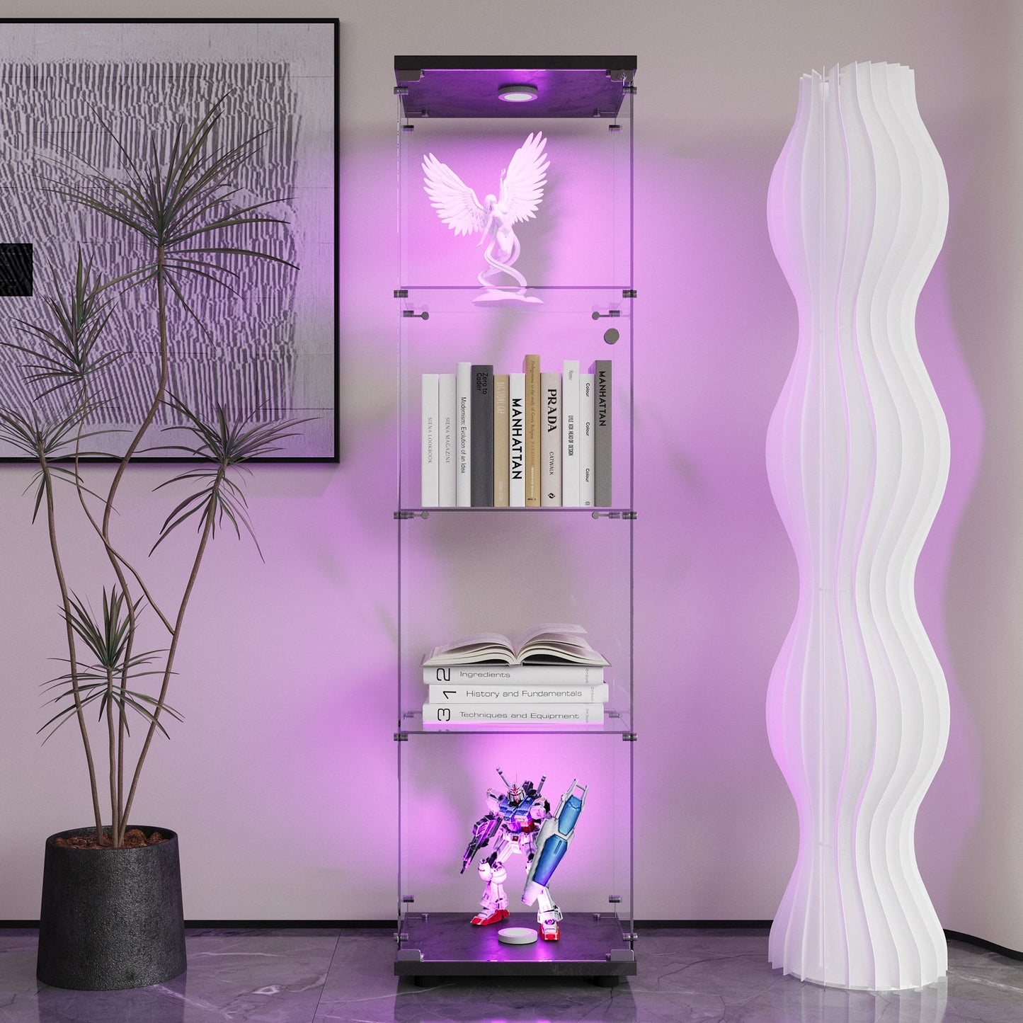 Cabinet d'affichage en verre LED élégant avec 4 étagères - Noir