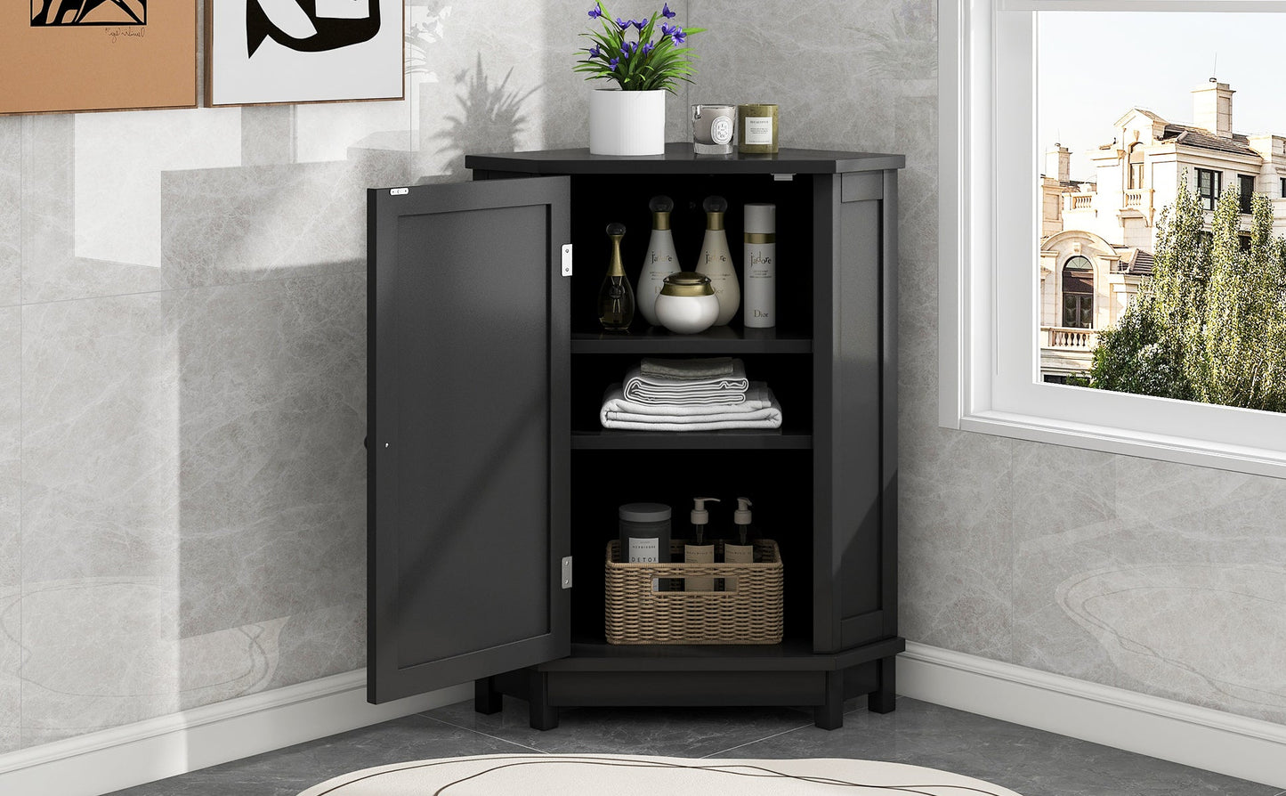 Black Bathroom Cabinet Triangle Corner Storage Cabinet with Adjustable Shelf Modern Style MDF Board - Korvel