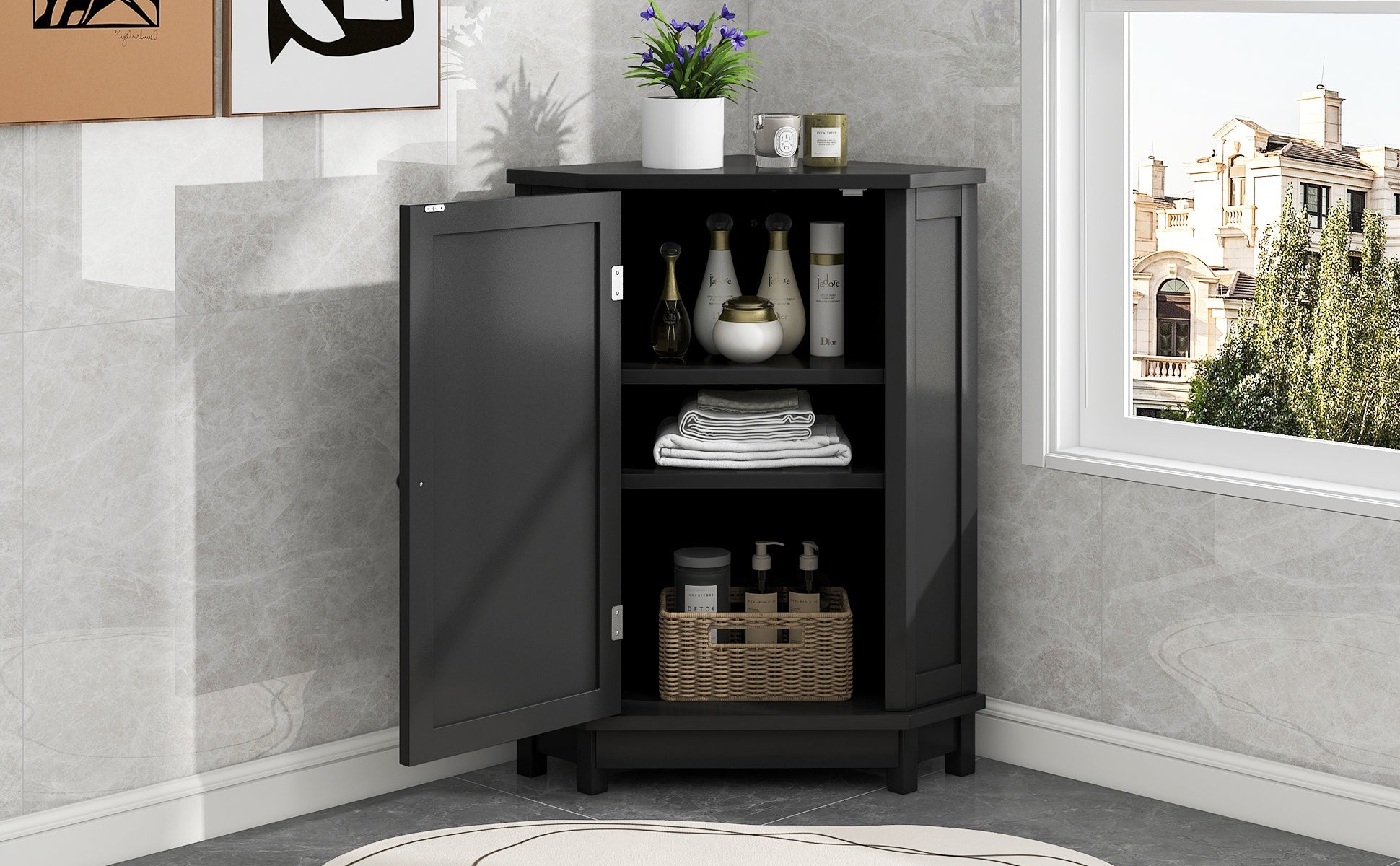 Black Bathroom Cabinet Triangle Corner Storage Cabinet with Adjustable Shelf Modern Style MDF Board - Korvel