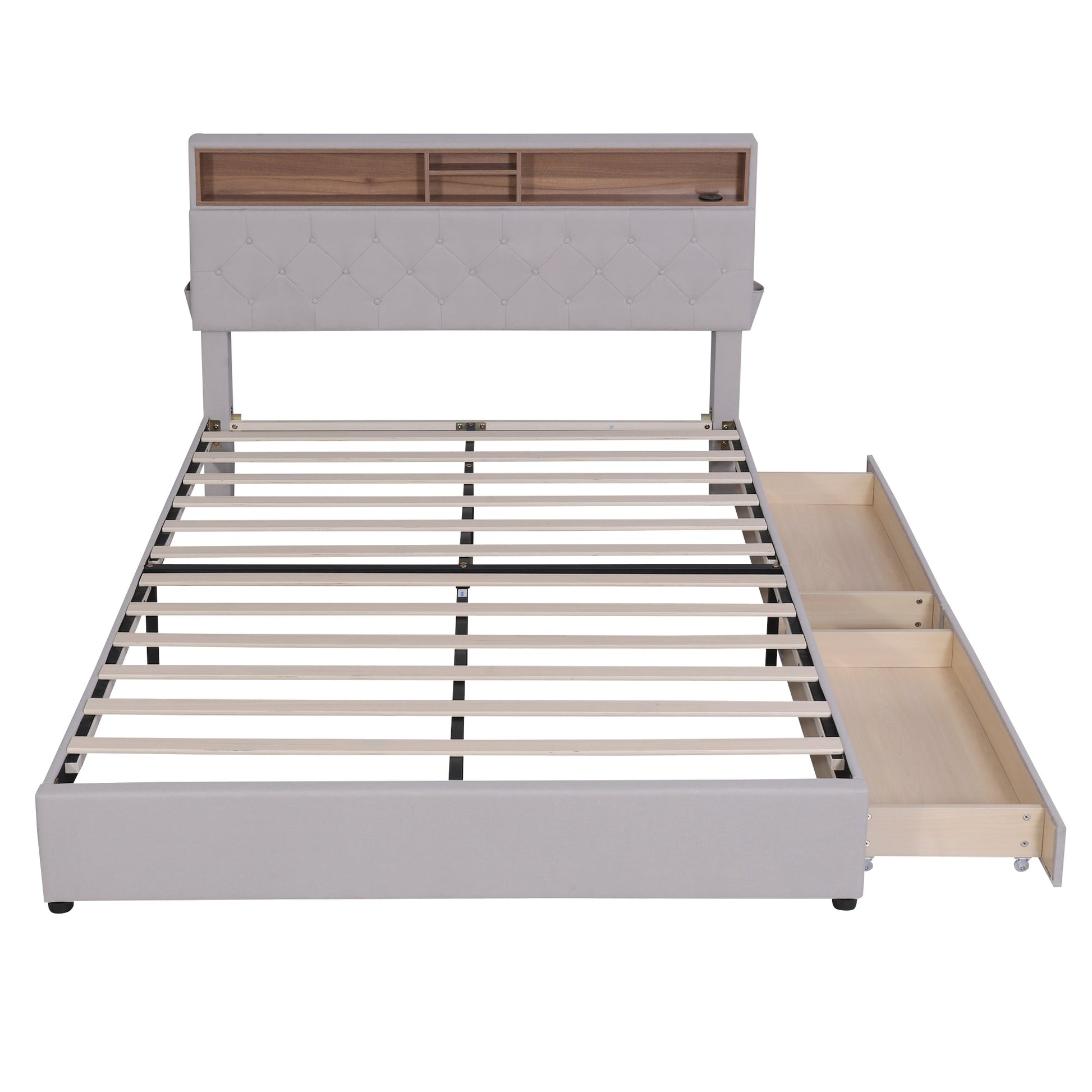 Queen Size Upholstered Platform Bed with Storage Headboard  LED  USB Charging and 2 Drawers  Beige - Korvel