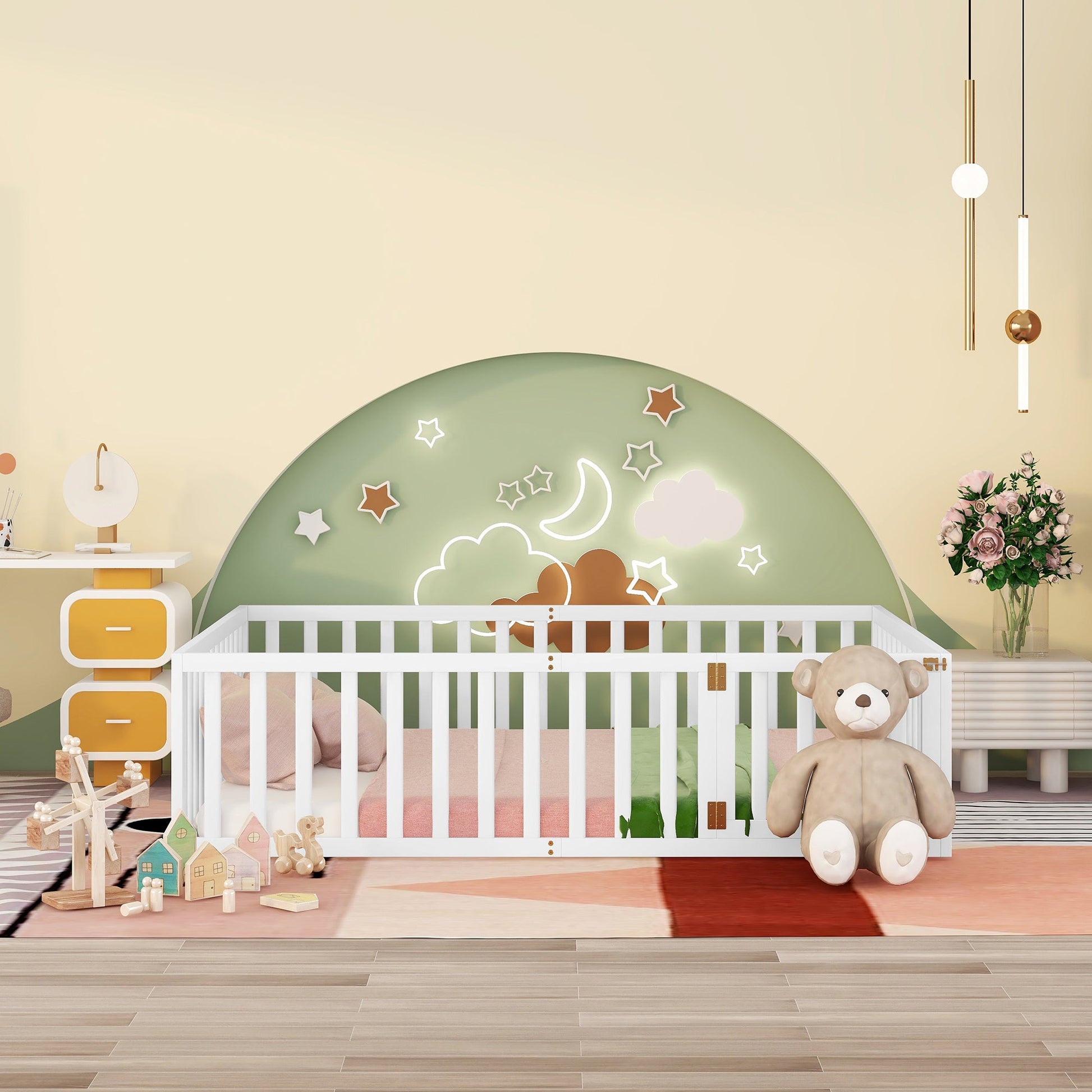 Queen Size Wood Floor Bed Frame with Fence and Door White(OLD SKU:WF289663AAK) - Korvel
