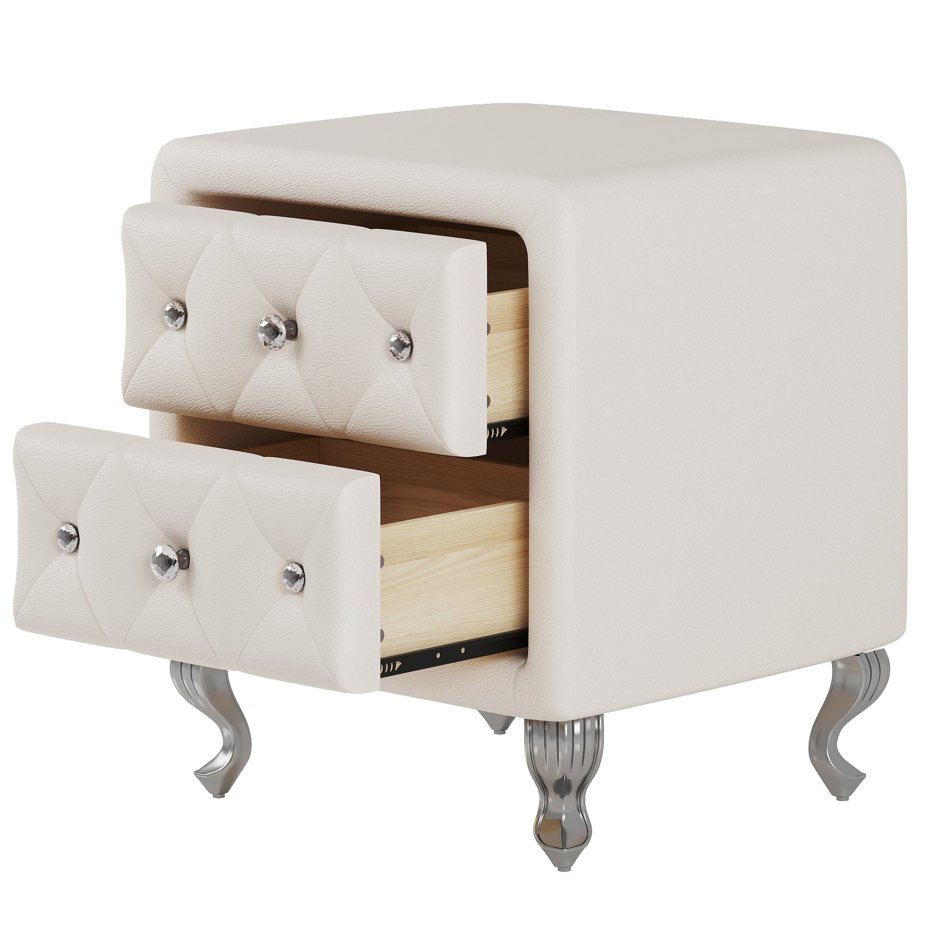 Elegant PU bedside table with 2 drawers and crystal handles, storage with metal legs - white - Korvel