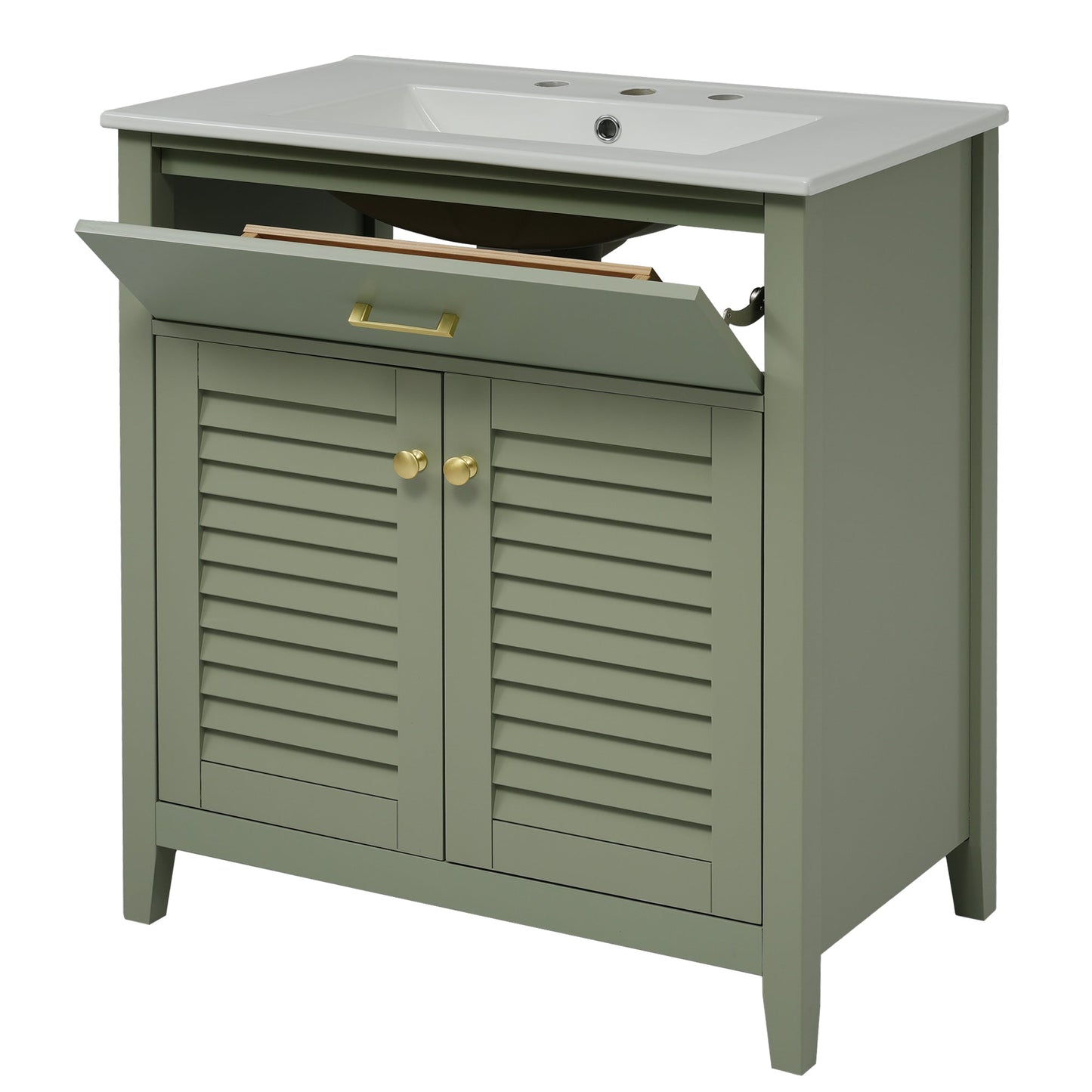 30-Inch Bathroom Vanity with Ceramic Sink Combination, Ample Storage - Features 1 Pullout and Multifunctional Shelf Dividers - Korvel