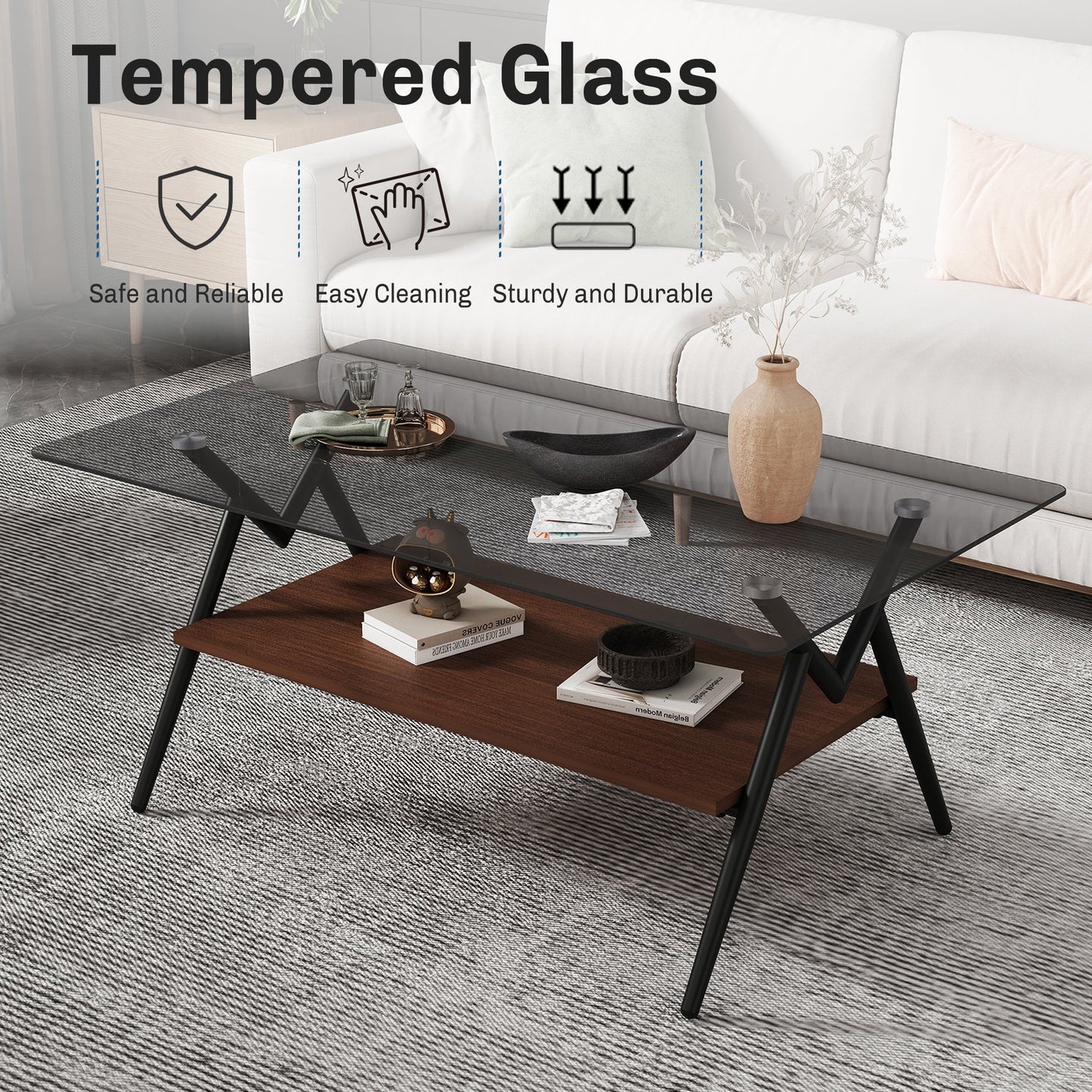 Rectangle Coffee Table with Tempered Glass top and Brown MDF Shelf, Modern Table for Living Room, Gray Glass - Korvel