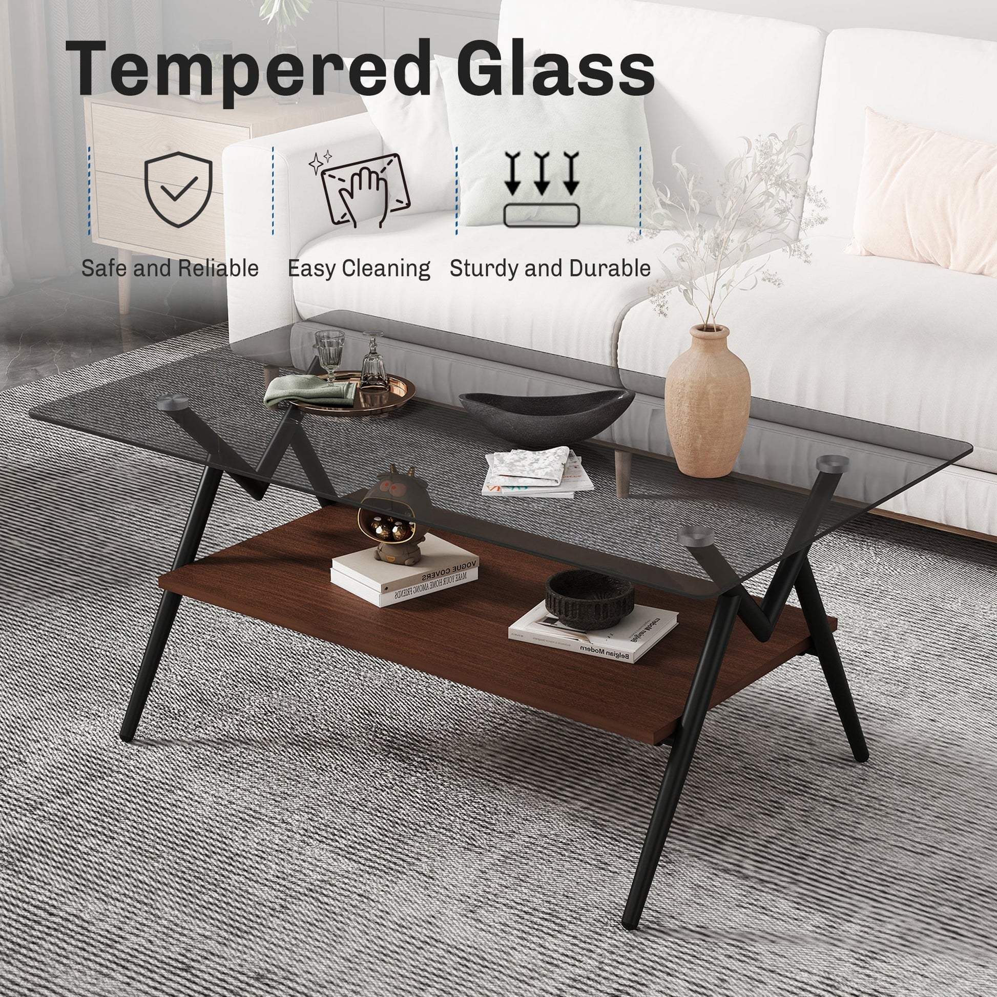 Rectangle Coffee Table with Tempered Glass top and Brown MDF Shelf, Modern Table for Living Room, Gray Glass - Korvel