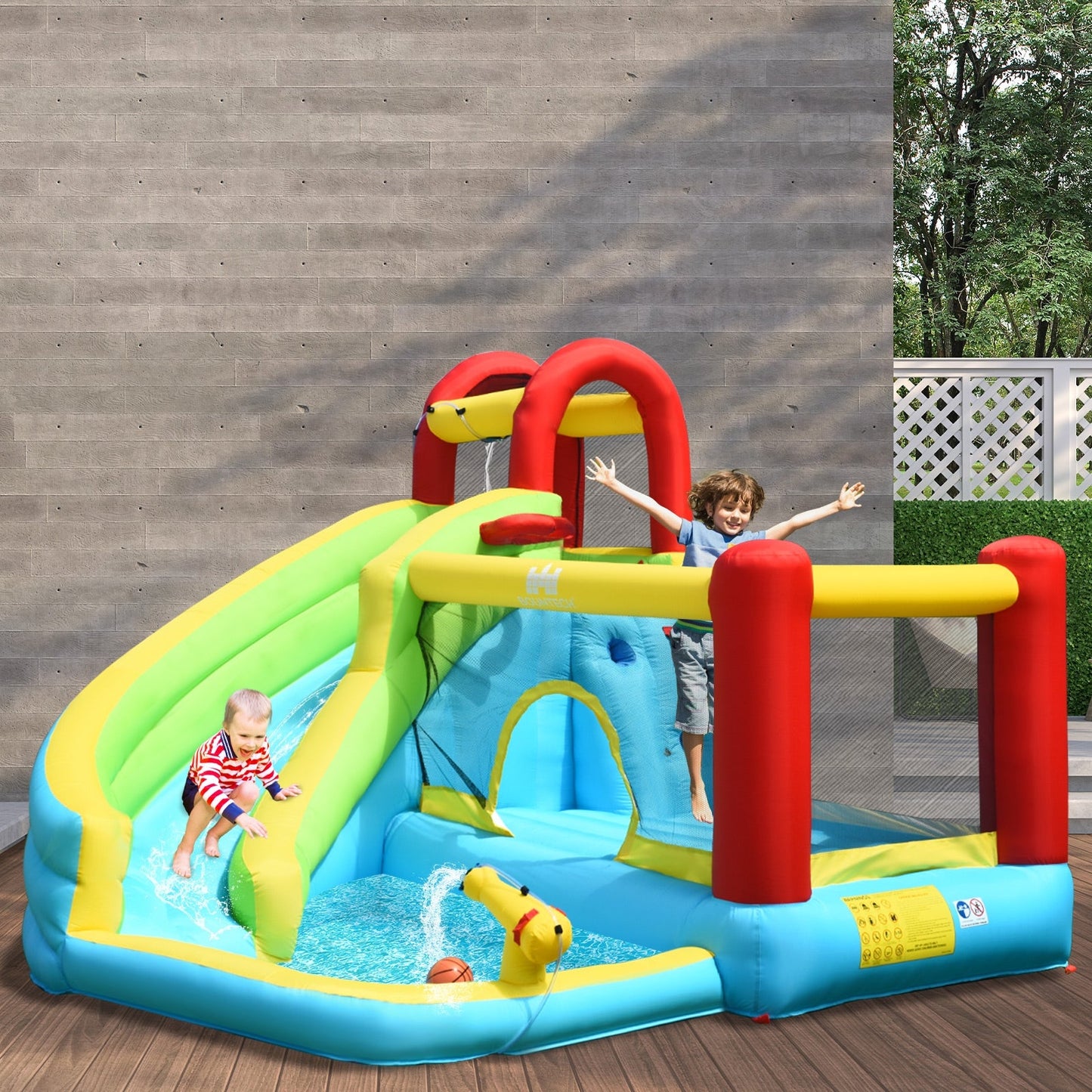 Maison Gonflable 6-en-1 avec Mur d'Escalade et Panier de Basket