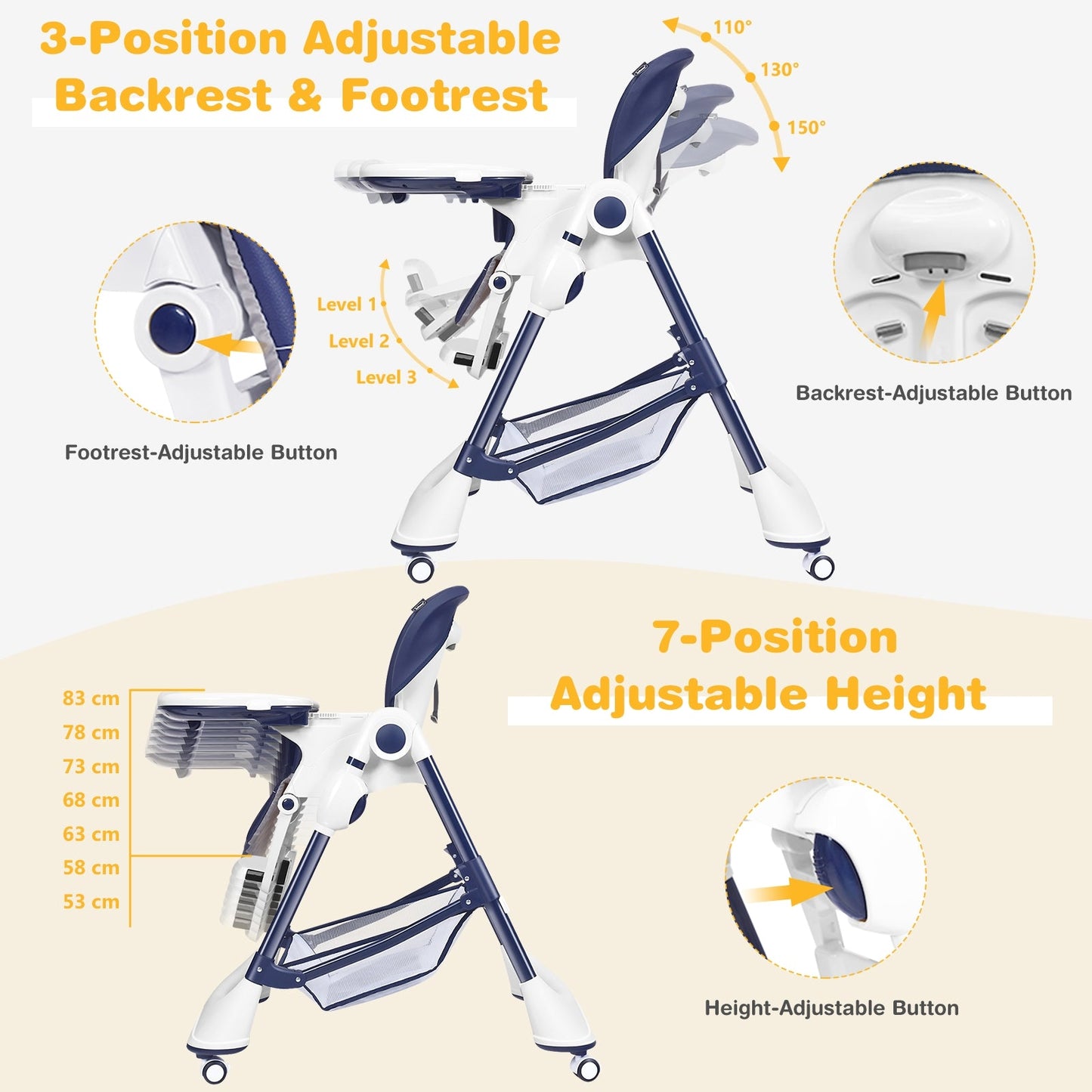 Gbruno A-Shaped High Chair with Lockable Wheels - Navy