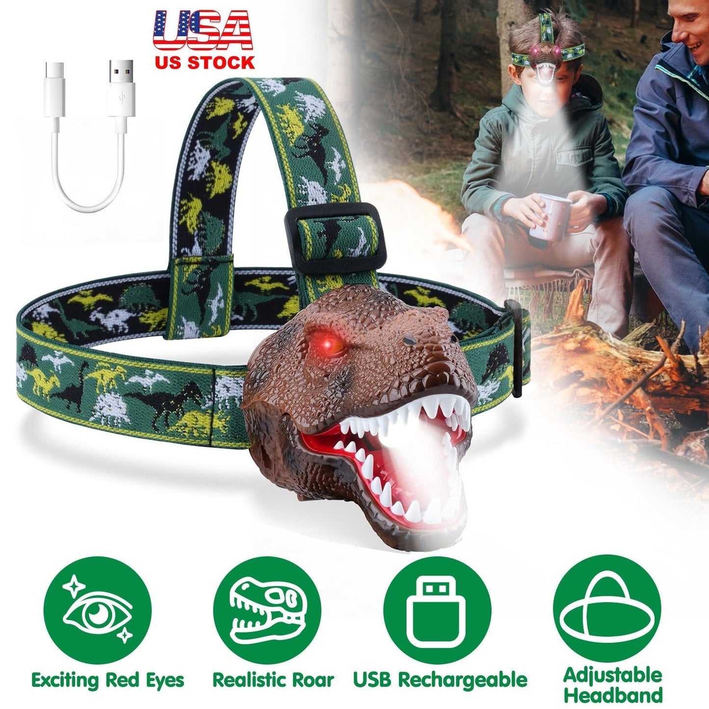 Dinosaur Headlamp for Kids - Adjustable Flashlight with Roar Sound