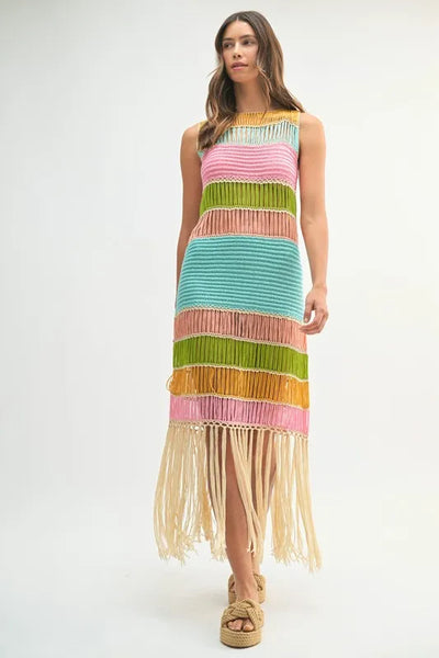 Vibrant Multi Color Fringed Crochet Knit Dress for Women