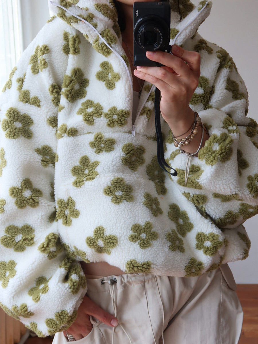 Winter Flowers Lambskin Sweatshirt with Big Pocket