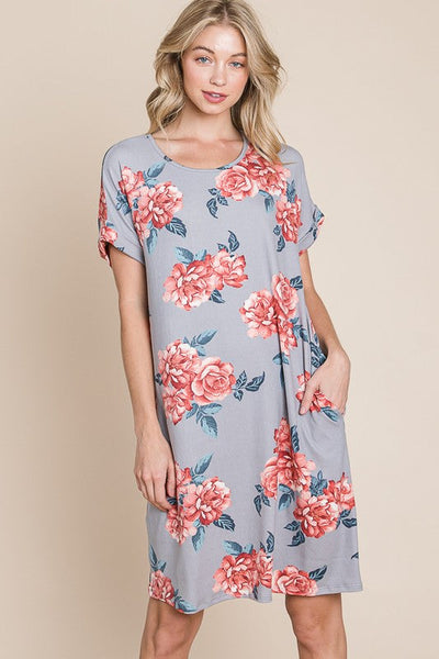 Floral Round Neck Short Tee Dress with Pockets for Women