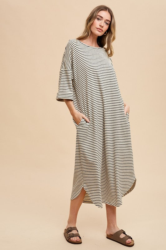 Striped Round Neck Midi Dress - Soft & Stylish Classic Design