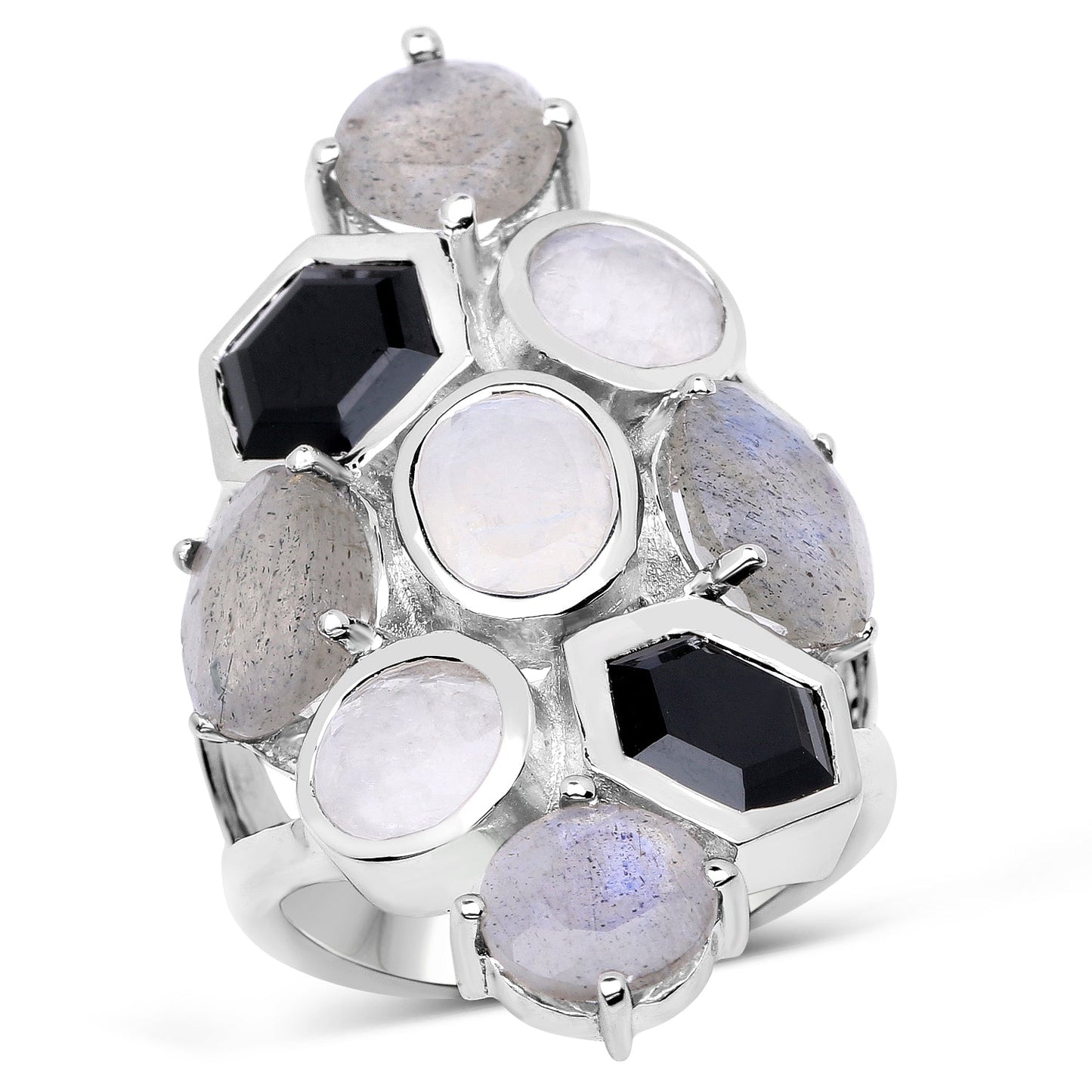 Bague en Labradorite et Pierre de Lune Arc-en-Ciel Blanche de 10,30 Carats