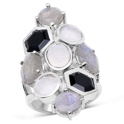 Bague en Labradorite et Pierre de Lune Arc-en-Ciel Blanche de 10,30 Carats