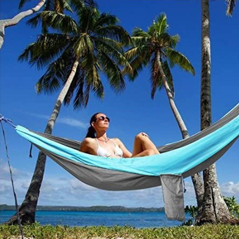 Light double nylon camping hammock with straps. Great for trips, beach, yard & garden. - Korvel