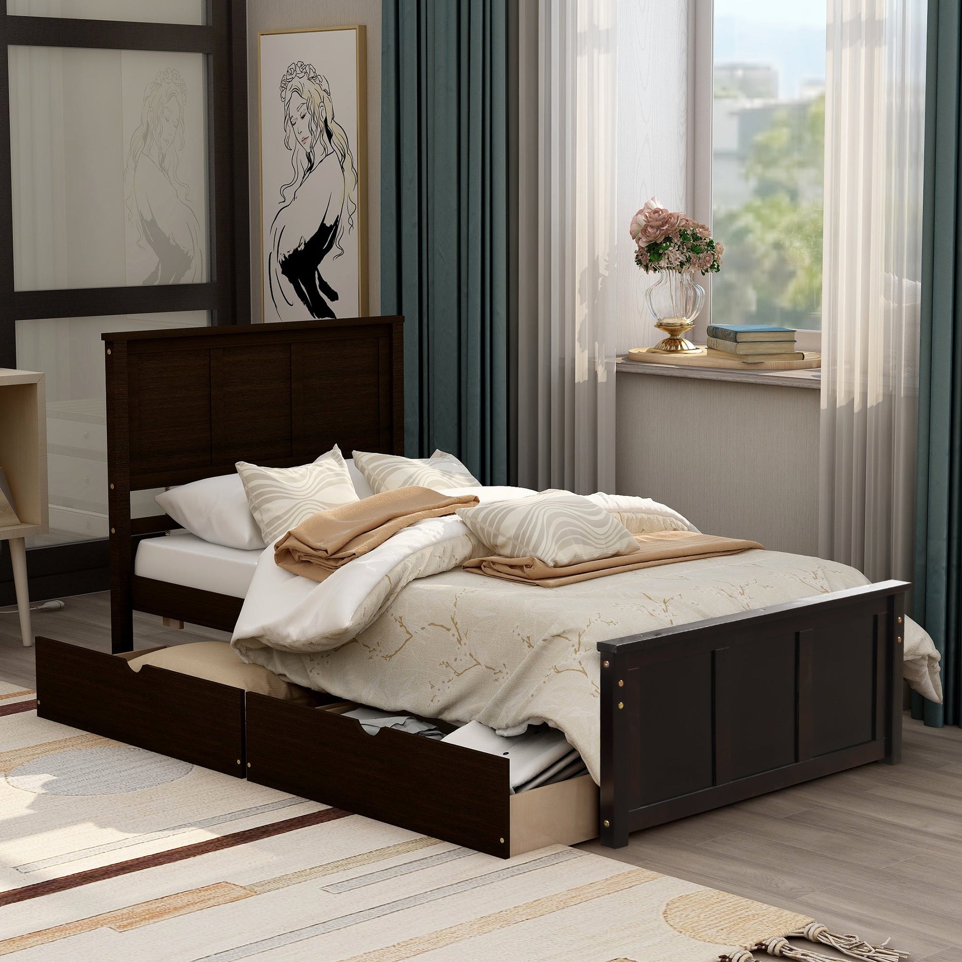 Platform Storage Bed  2 drawers with wheels  Twin Size Frame  Espresso - Korvel