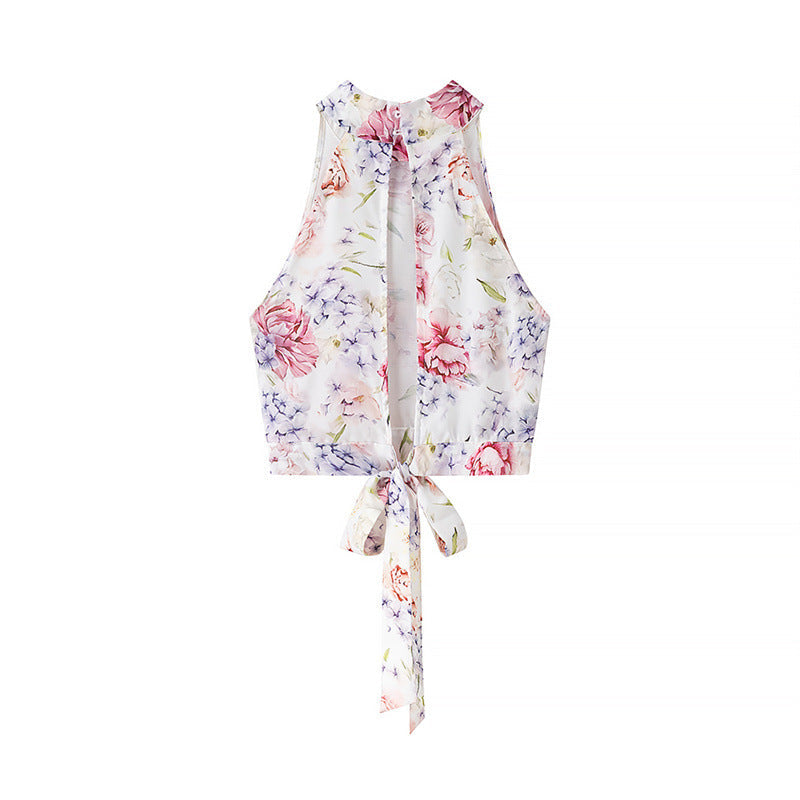 Fashionable and Sexy Halter Sleeveless Top with Floral Print Skirt - Korvel