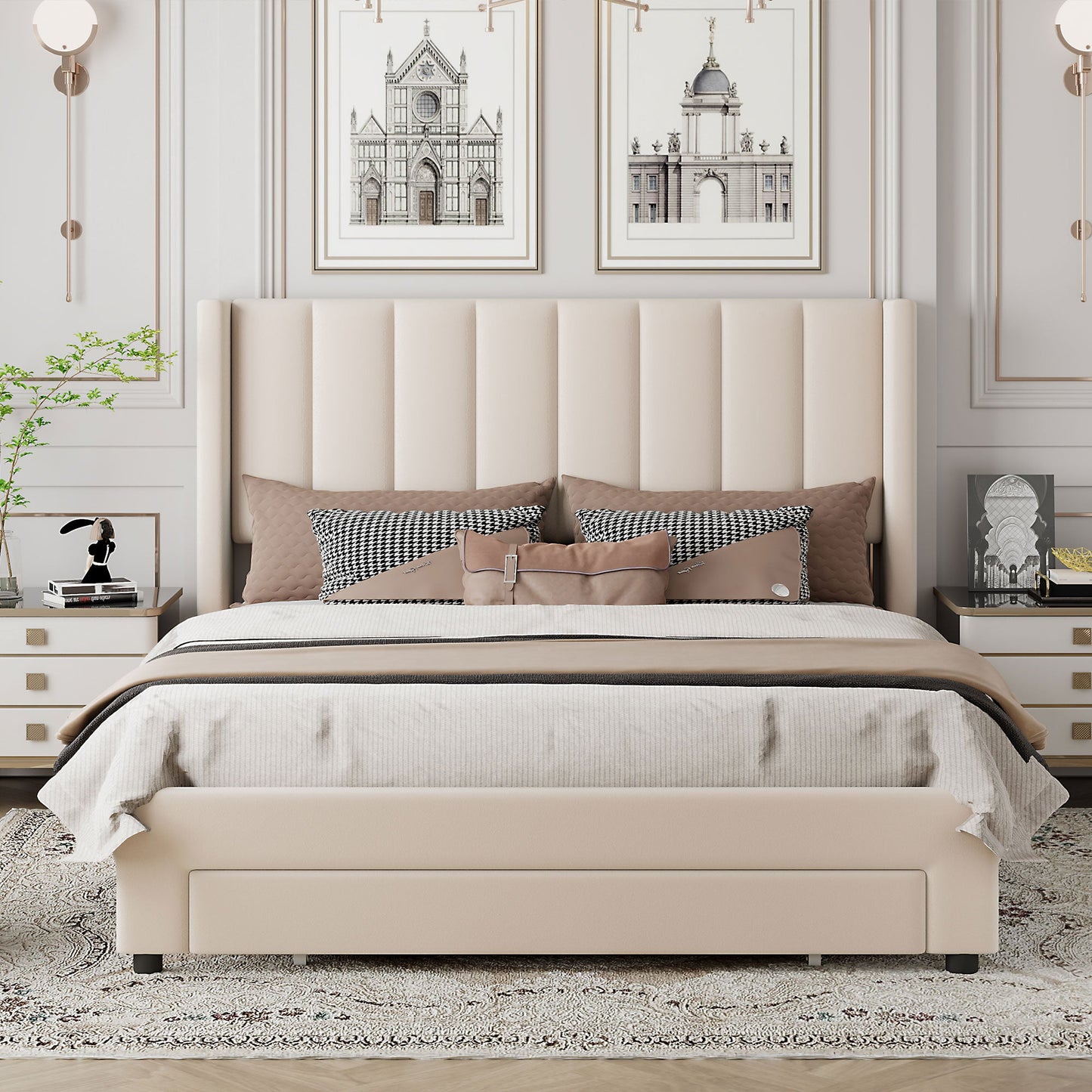 Queen Size Storage Bed Velvet Upholstered Platform Bed with a Big Drawer - Beige - Korvel