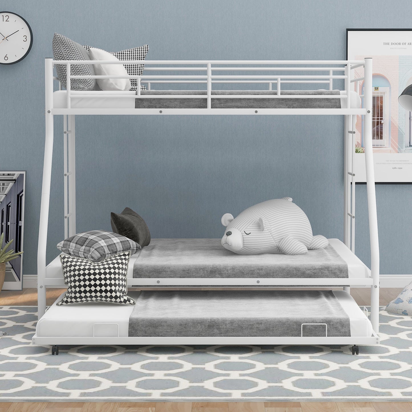 Twin over Full Bunk Bed with Trundle and Steel Frame - White