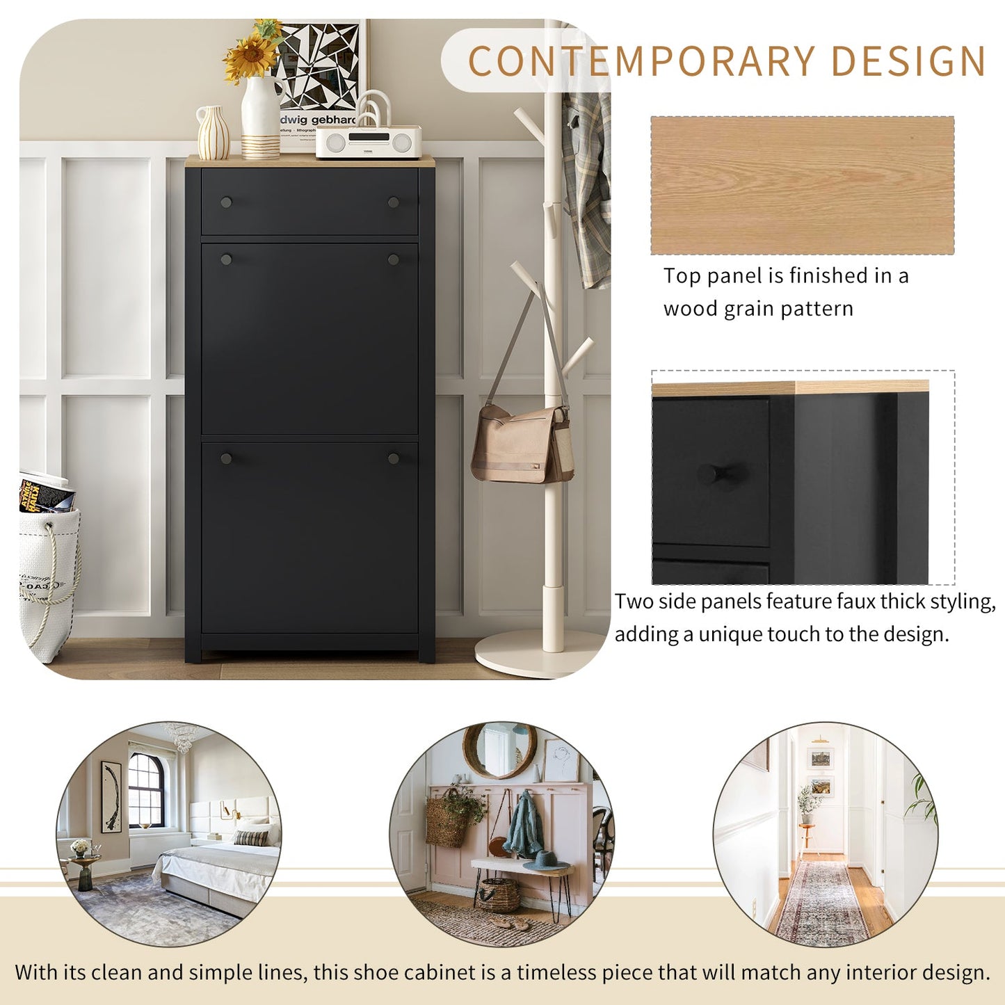 ONTREND Black Shoe Cabinet with 2 Flip Drawers