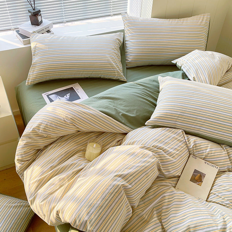 Cotton Dyed Washed Cotton Bedding Set Pure Cotton A Class Flat Sheet Quilt Cover Fitted Sheet Quilt Cover Three-Piece Set Striped - Korvel