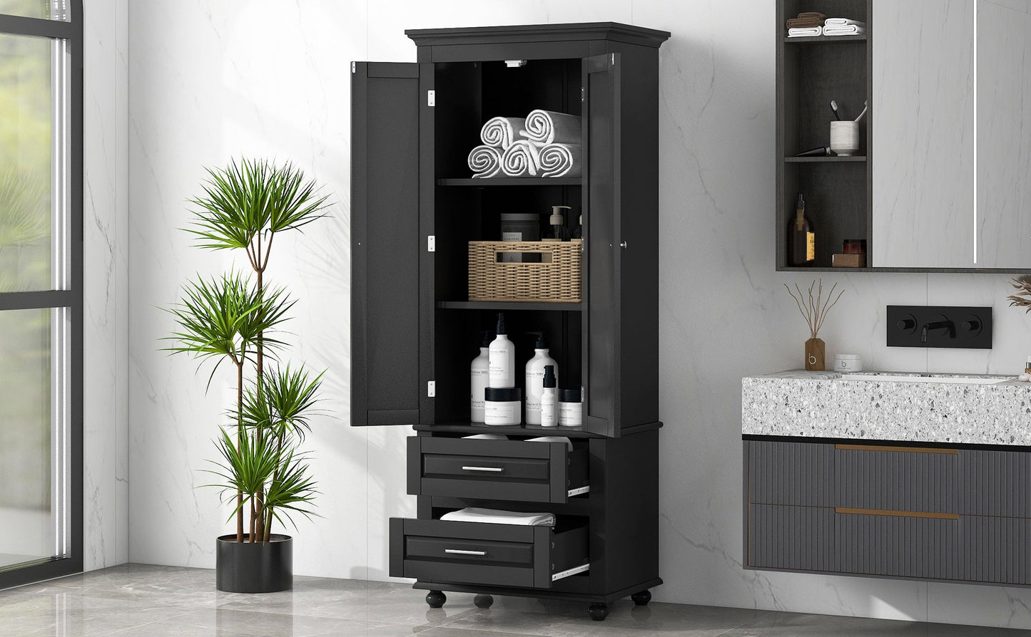 Tall Storage Cabinet with Two Drawers for Bathroom/Office, Black - Korvel
