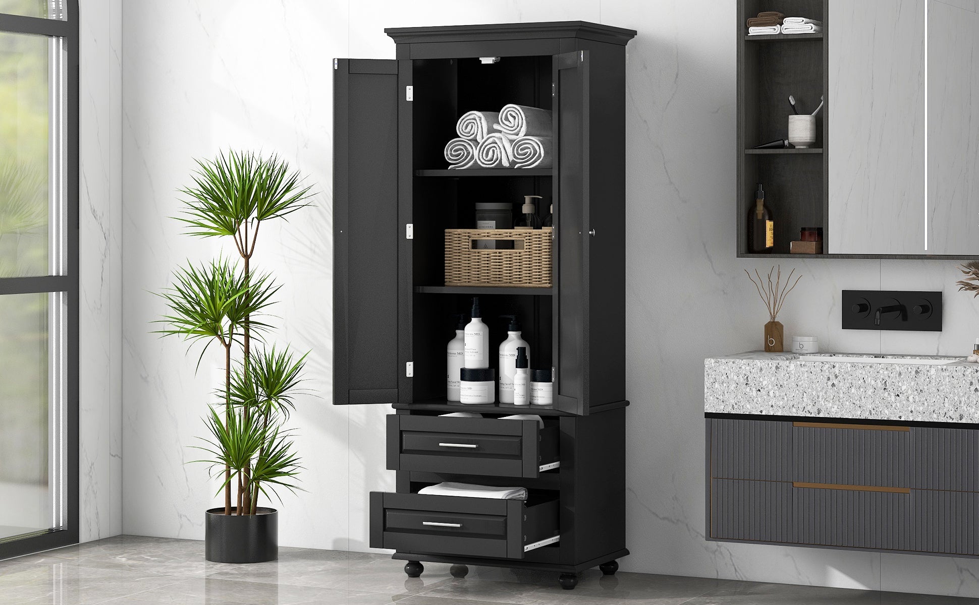 Tall Storage Cabinet with Two Drawers for Bathroom/Office, Black - Korvel