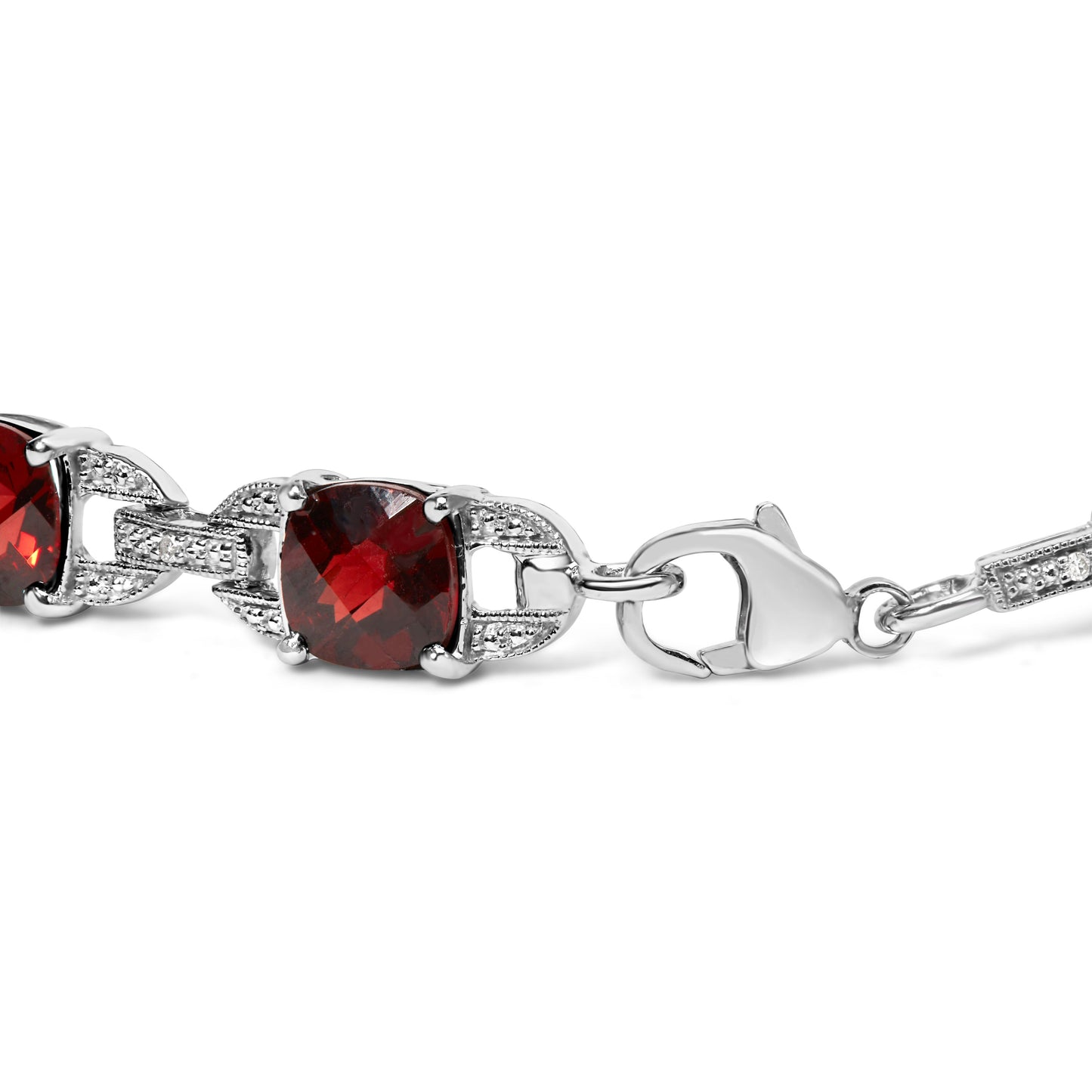 Bracelet en argent sterling .925 avec garnet rouge en taille coussin à carreaux et diamants - Taille