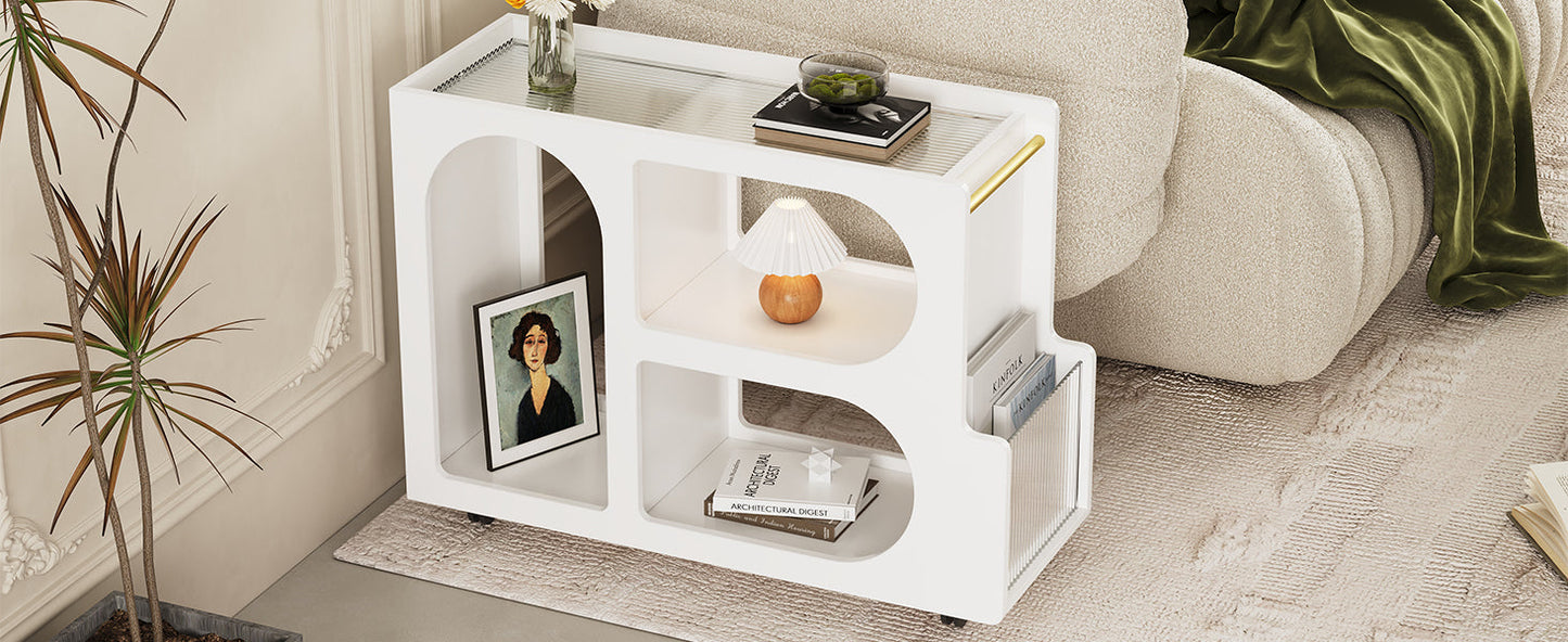 Table d'appoint mobile élégante avec roues verrouillables et verre trempé