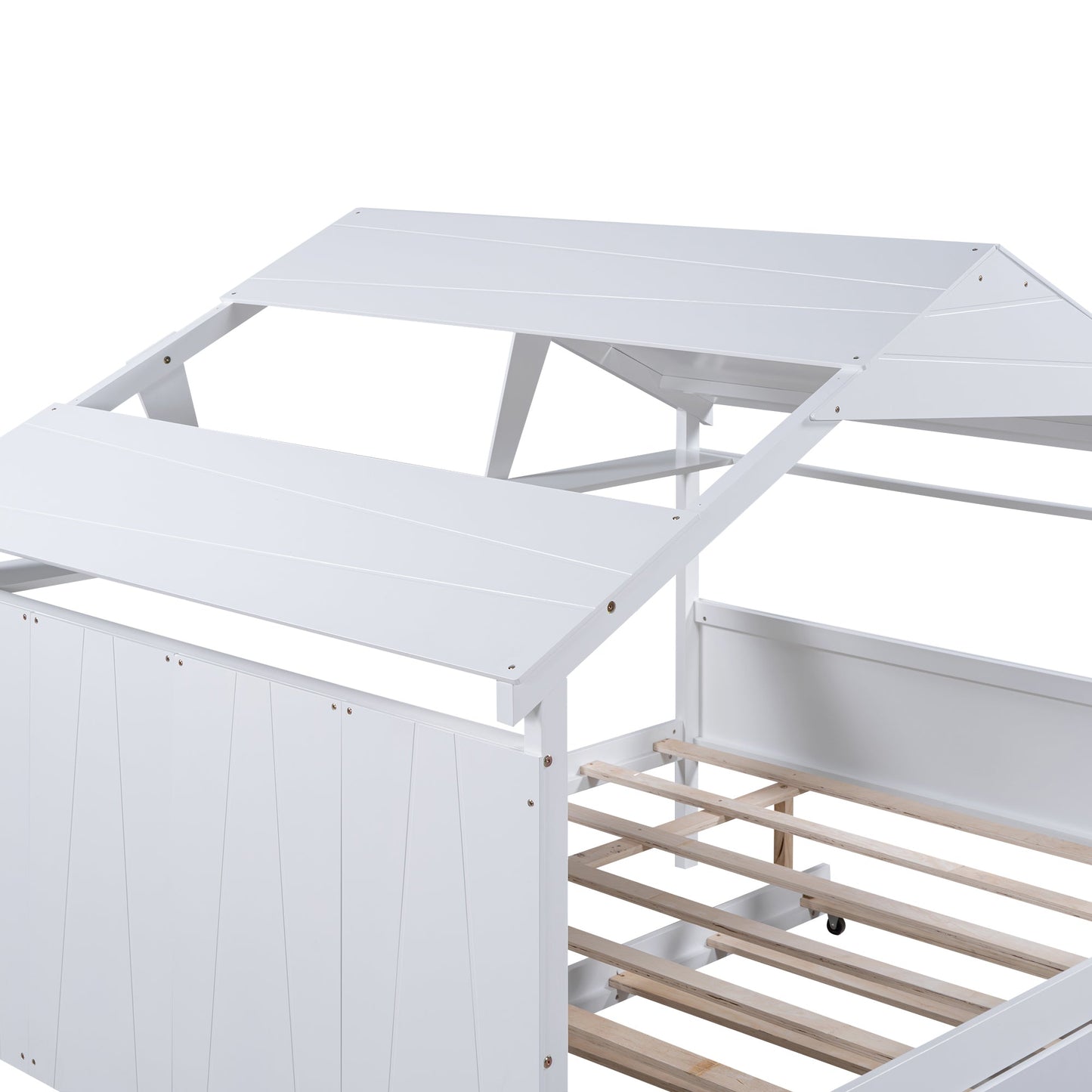 Wood Full Size House Bed with Twin Size Trundle and Storage  White - Korvel