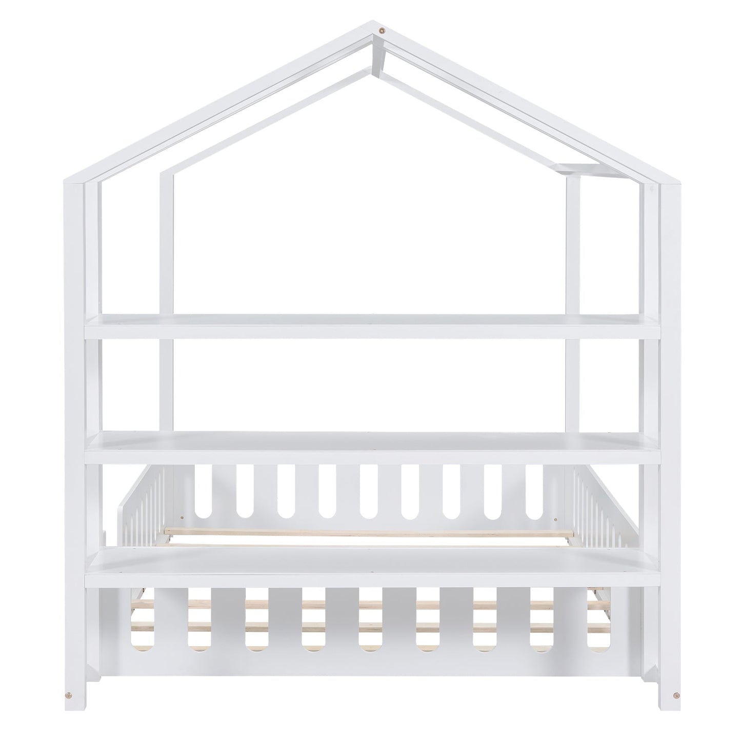 Full Size Wood House Bed with Fence and Detachable Storage Shelves, White - Korvel
