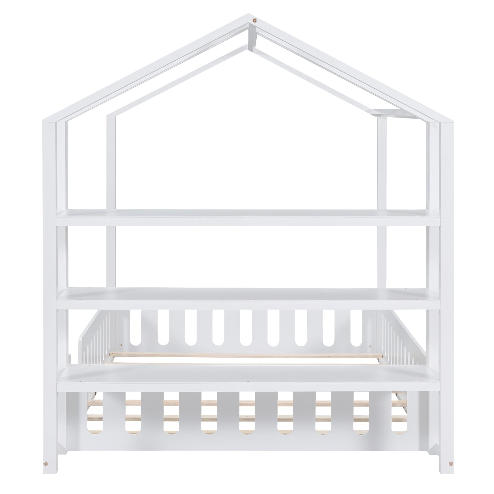 Full Size Wood House Bed with Fence and Detachable Storage Shelves, White - Korvel