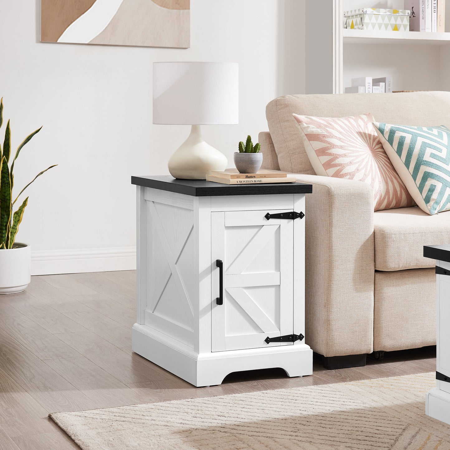 Farmhouse tea table bedside table rectangular farmhouse tea table with barn door and adjustable storage rack, white - Korvel