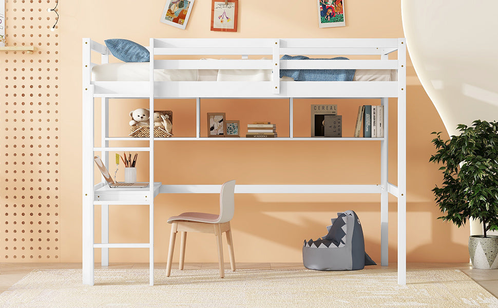 Twin Loft Bed with built-in desk and bookcase of three compartments, Guardrails and Ladder,White - Korvel