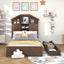 Twin Size Wood Platform Bed with House-shaped Storage Headboard and 2 Drawers Walnut - Korvel