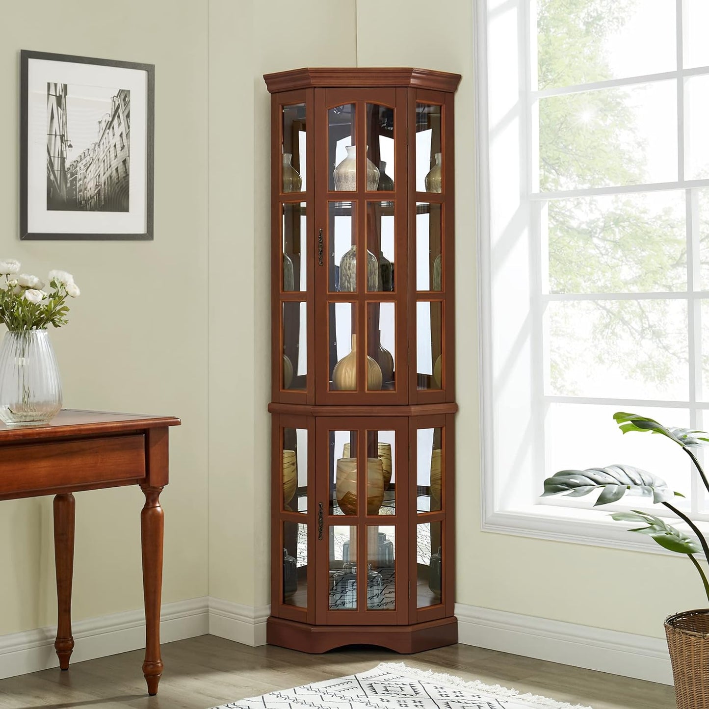 Corner Curio Cabinet with 5 Shelves and Lighting System, Walnut(E26 light bulb not included) - Korvel