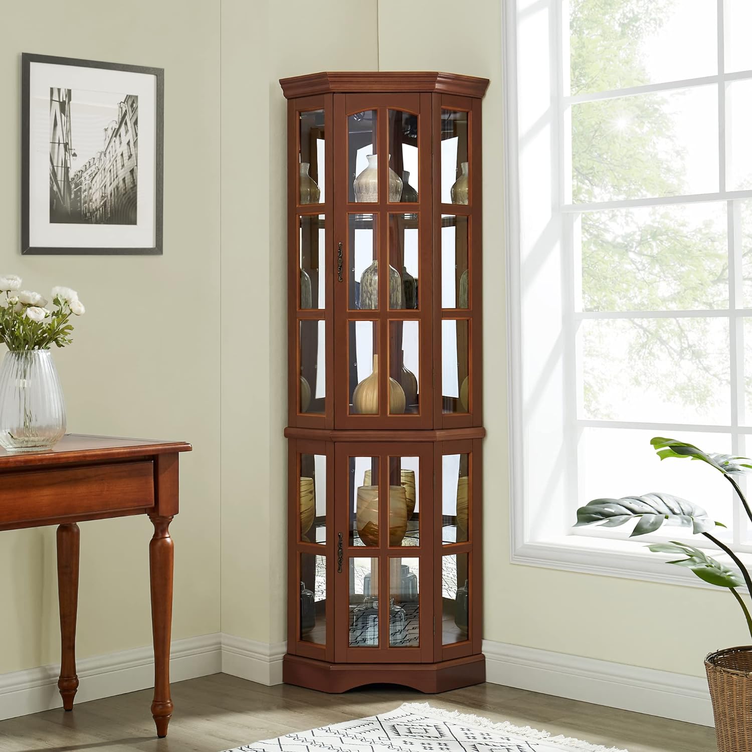 Corner Curio Cabinet with 5 Shelves and Lighting System, Walnut(E26 light bulb not included) - Korvel