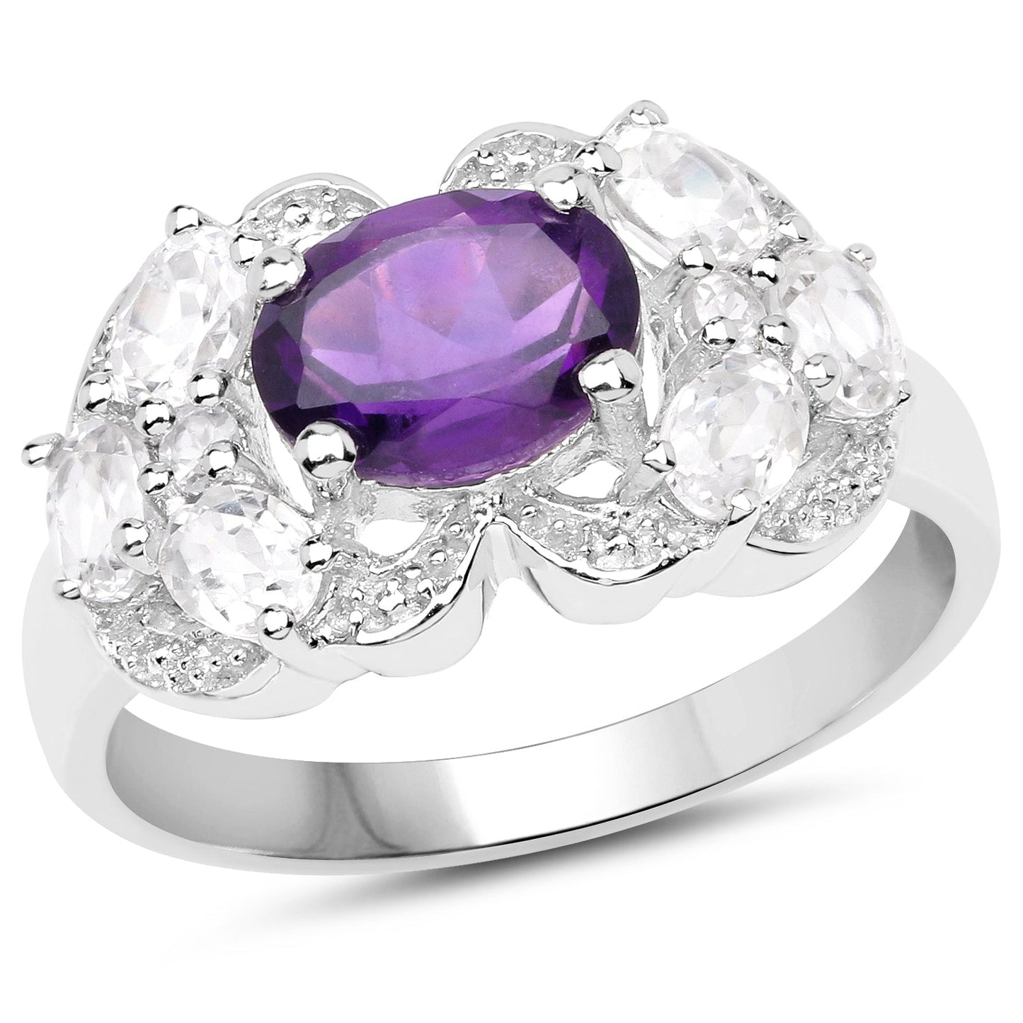 Anillo de Plata Esterlina con Amatista de 2.75 Quilates y Zirconia Blanca